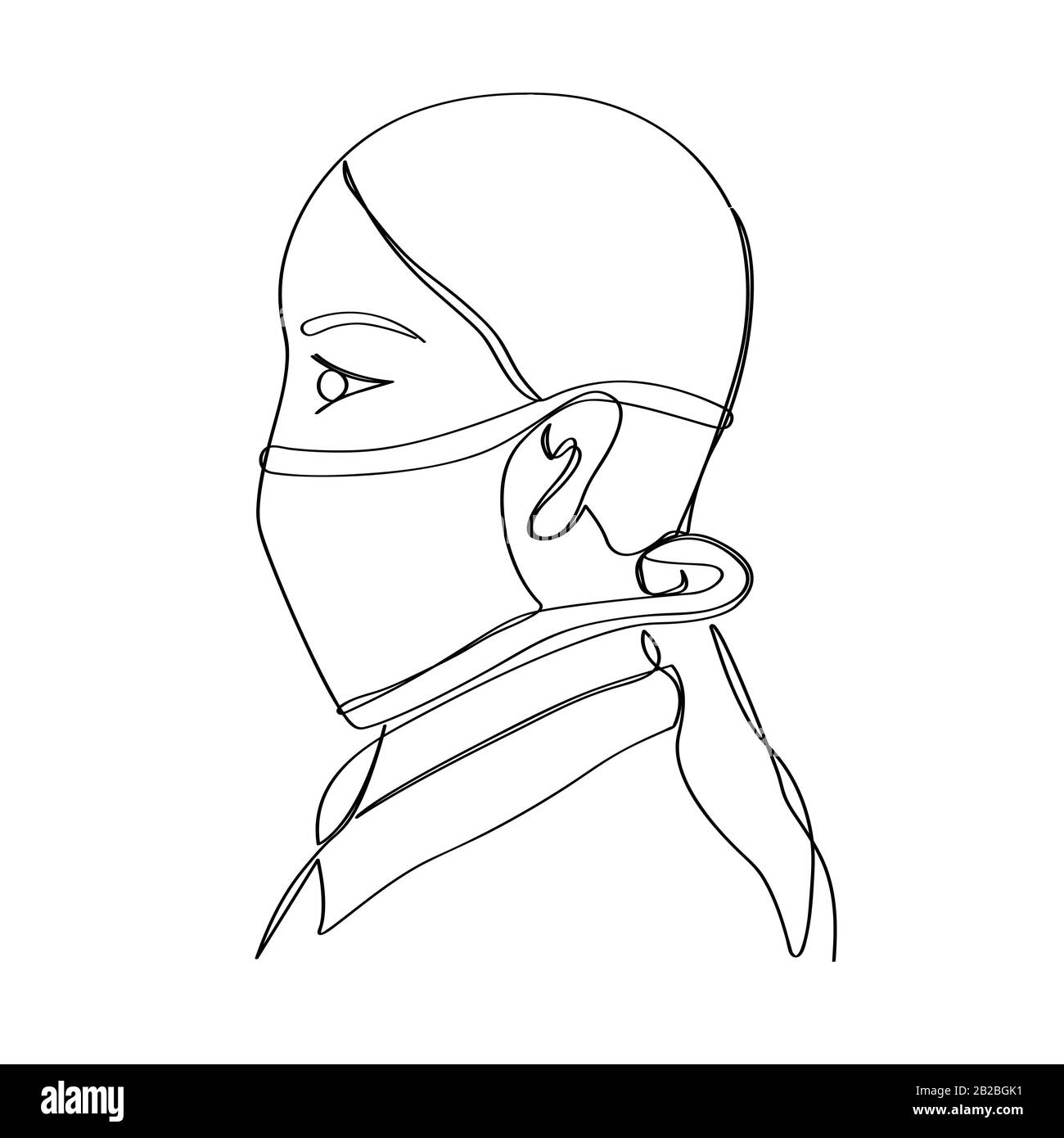 Silhouetted a Chinese girl in a protective mask, profile portrait drawn in one line. Isolated stock vector illustration. Stock Vector