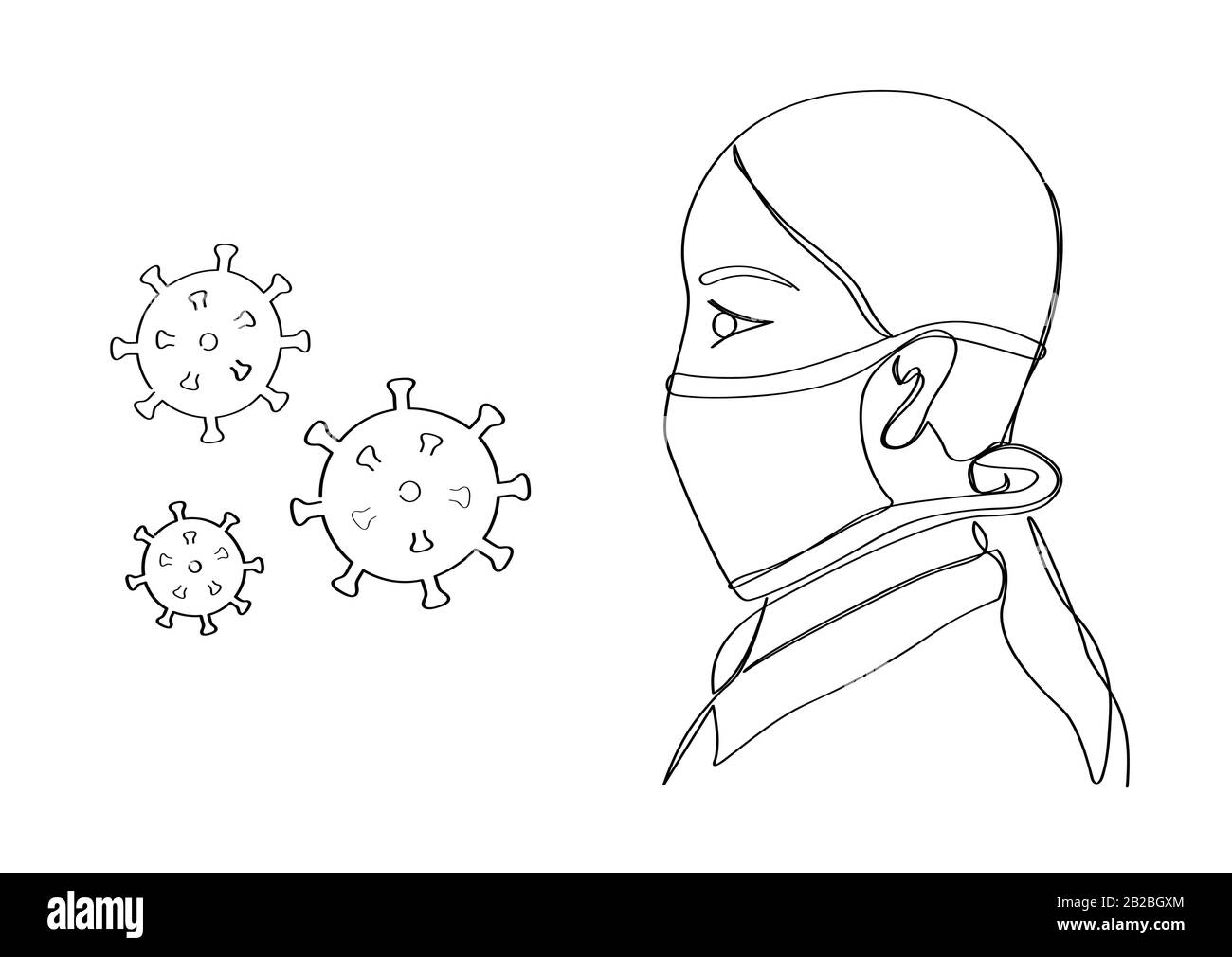 Chinese girl protects herself from viruses with a mask. Drawn by hand in one line. Isolated stock vector illustration. Stock Vector