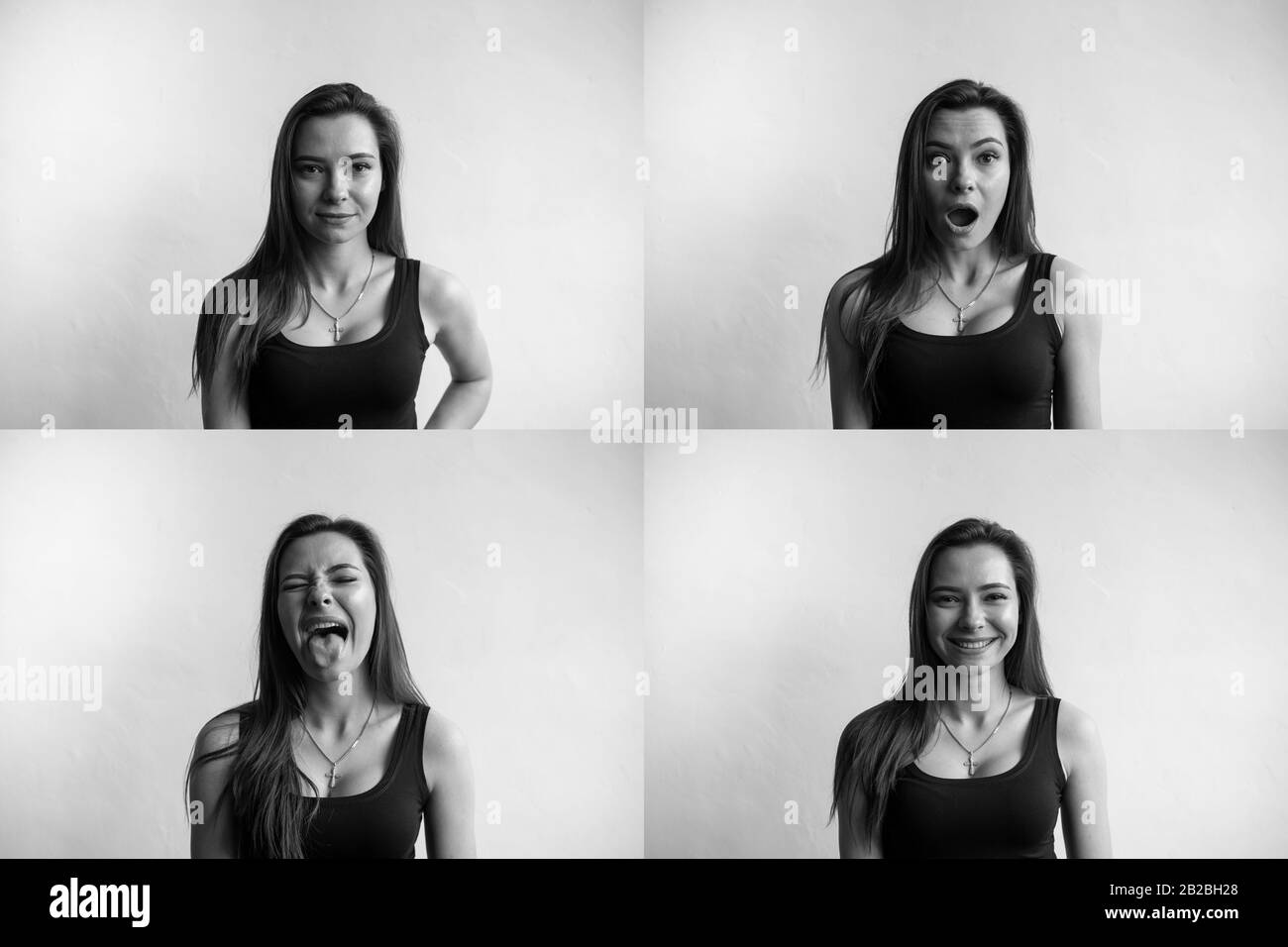 Set of black and white photo of young woman's portraits with different emotions. Young beautiful cute girl showing different emotions. Laughing, smili Stock Photo