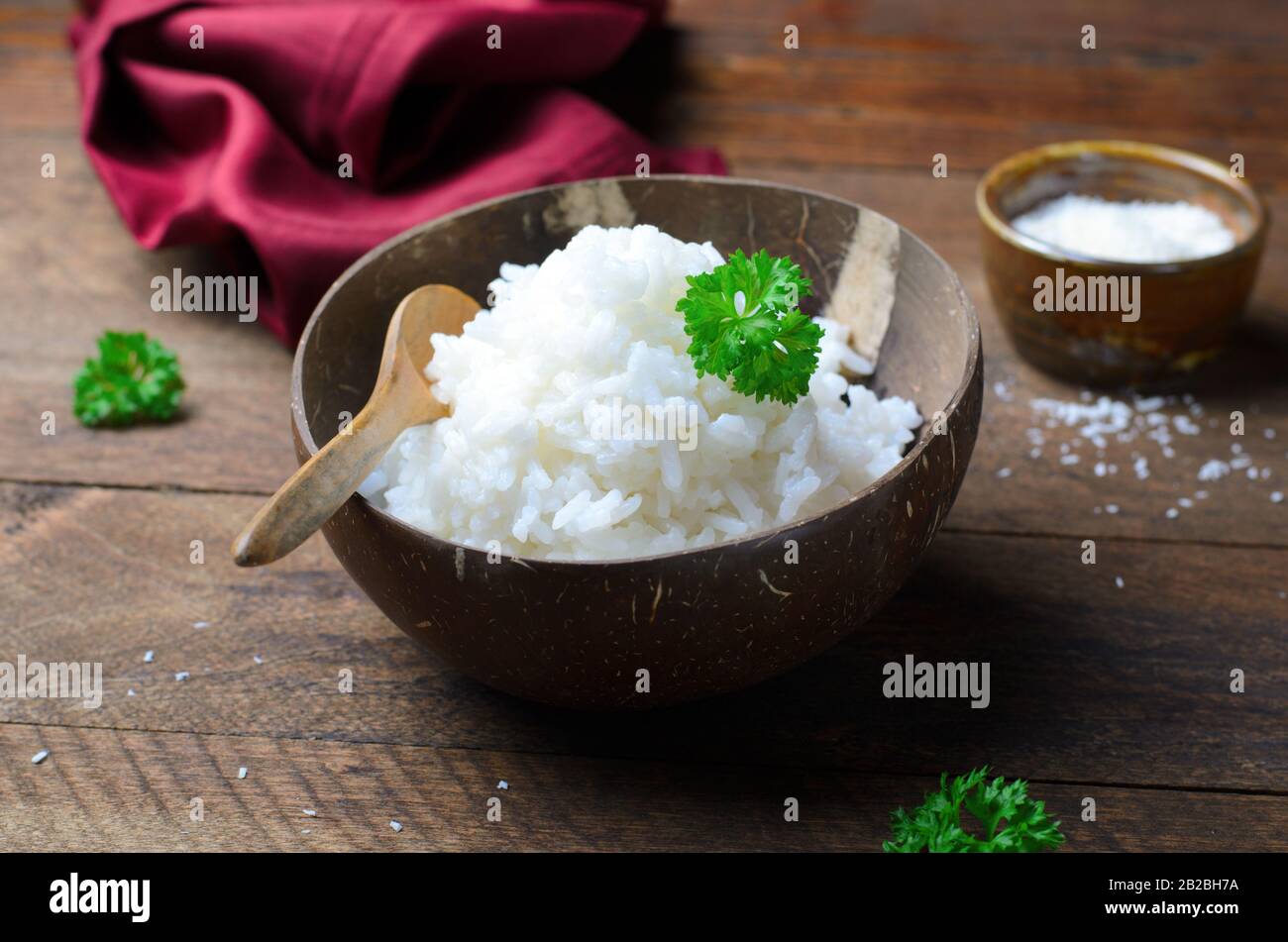 Coconut Rice, Cooked Rice Served in Coconut Shell over Wooden ...