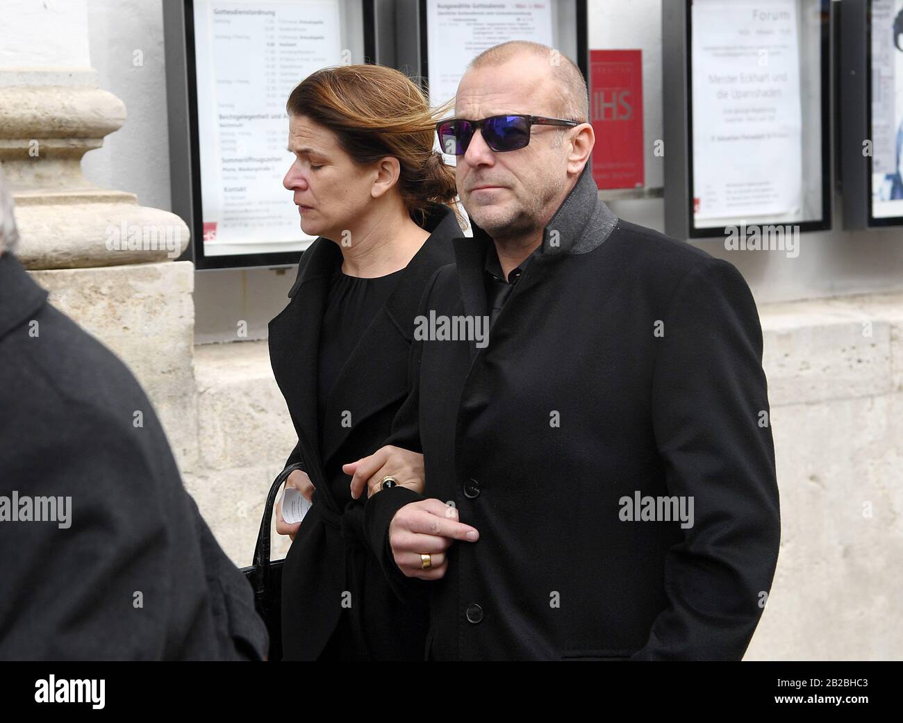Munich, Germany. 02nd Mar, 2020. The actor Heino Ferch and his wife Marie-Jeanette Ferch come to the funeral service for the director and cameraman Joseph Vilsmaier. Vilsmaier had died on 11 February at the age of 81. Credit: Tobias Hase/dpa/Alamy Live News Stock Photo