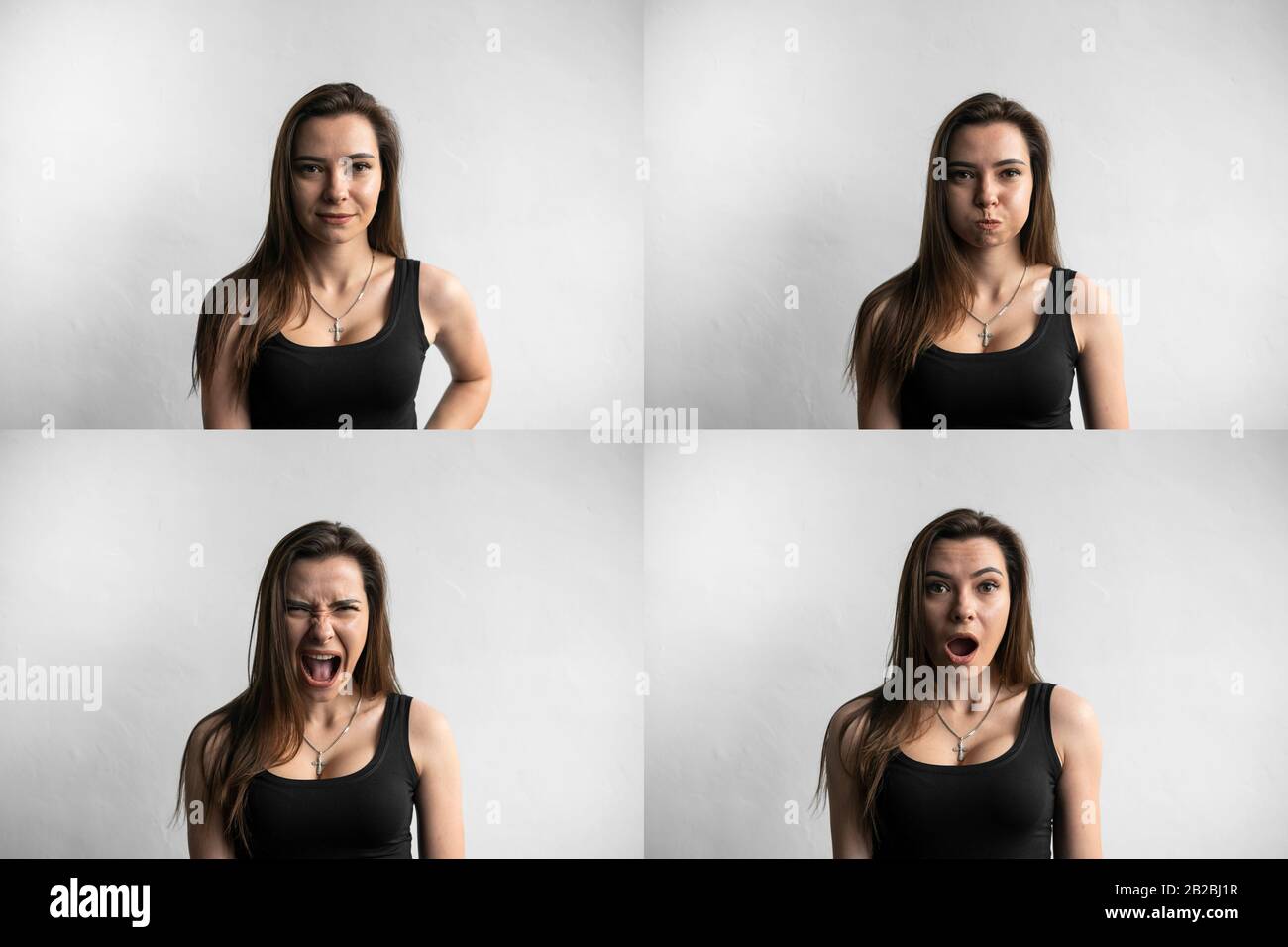 Set of young woman's portraits with different emotions. Young beautiful cute girl showing different emotions. Laughing, smiling, anger, suspicion, fea Stock Photo