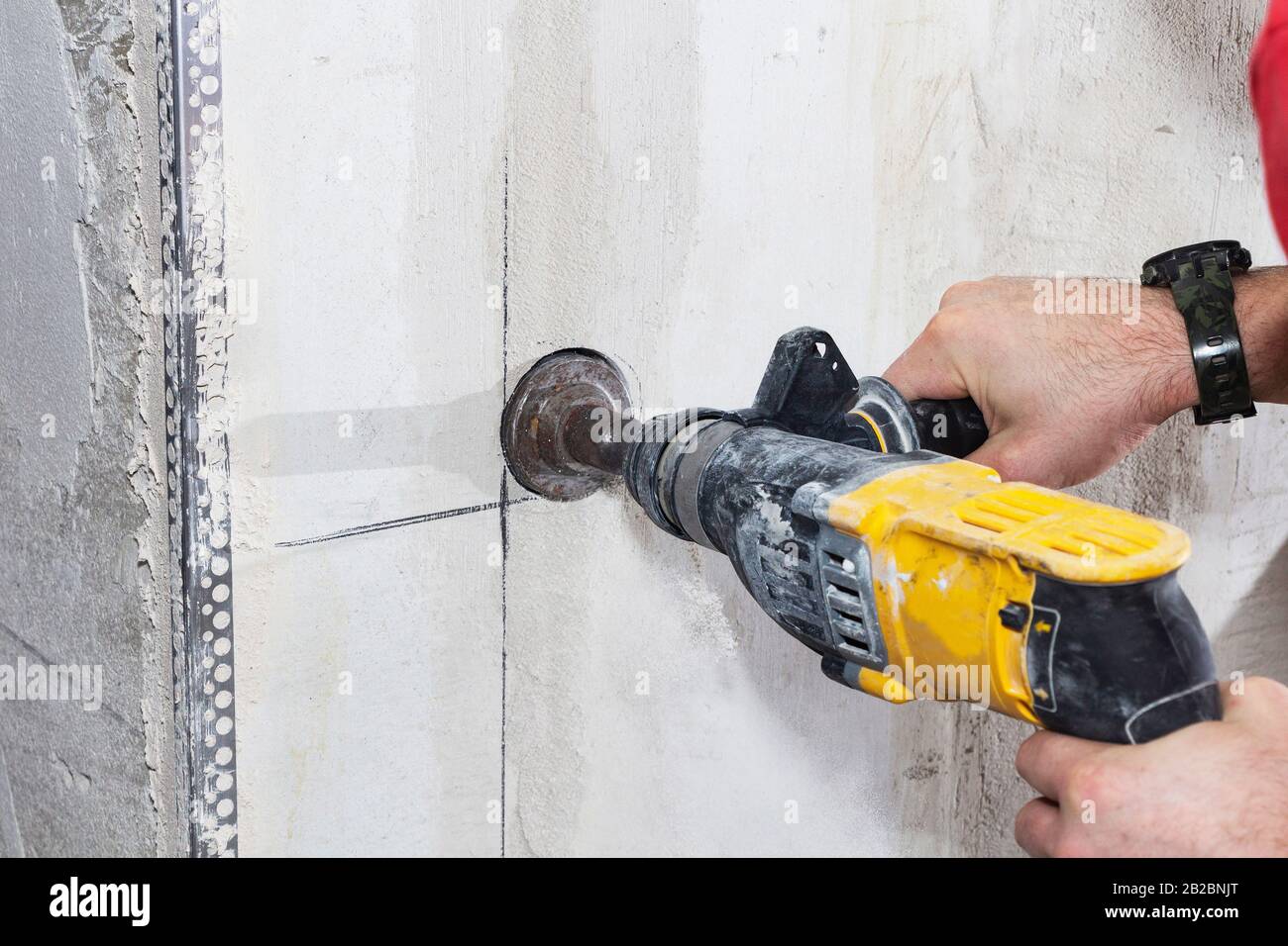 drill hole for electrical outlet outlet, special power tool drill Stock