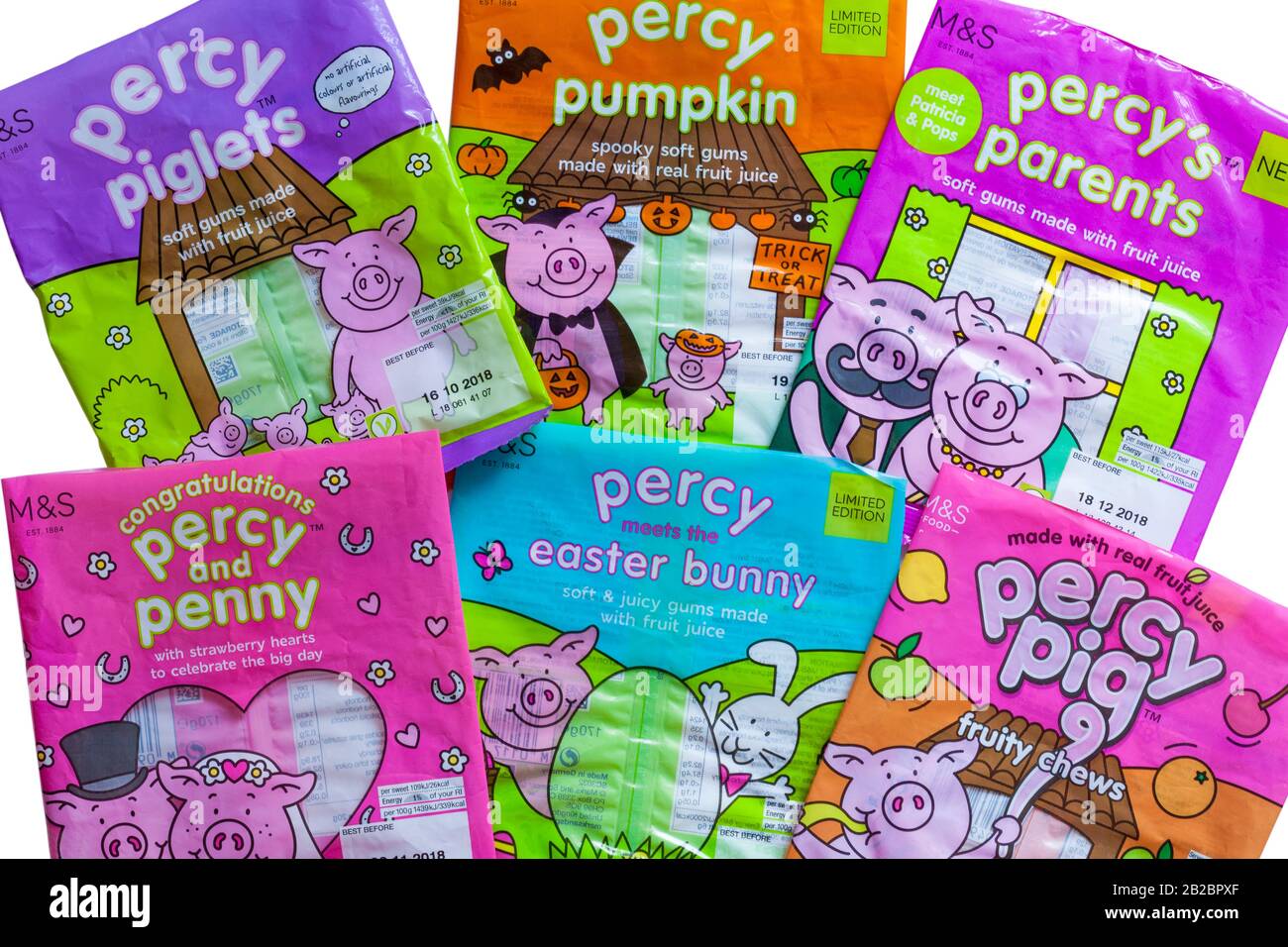 empty wrappers from packs of various Percy Pig sweets from M&S - Percy Pigs candy candies Stock Photo