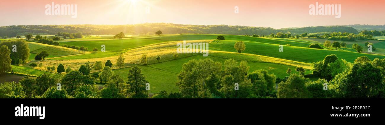 Panoramic landscape with beautiful green hills before sunset, with red sky and warm sunshine illuminating the fields Stock Photo