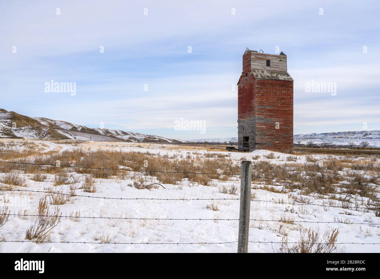 Winter view of grain elevator ruin at Dorothy, Alberta, Canada Stock Photo