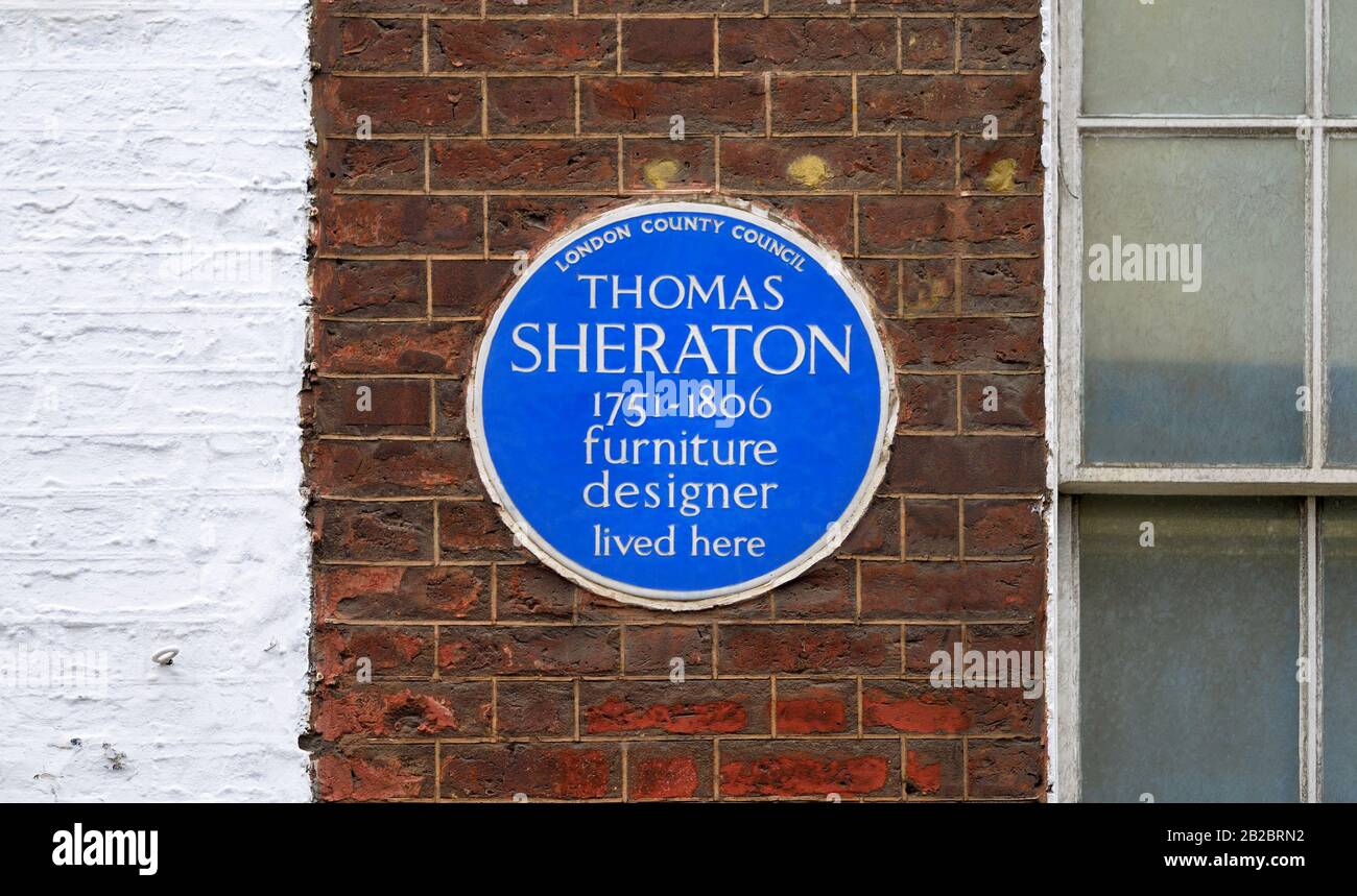 London, England, UK. Commemorative Blue Plaque at 163 Wardour Street, Westminster, W1. 'Thomas Sheraton, 1751-1806,  furniture designer lived here' Stock Photo