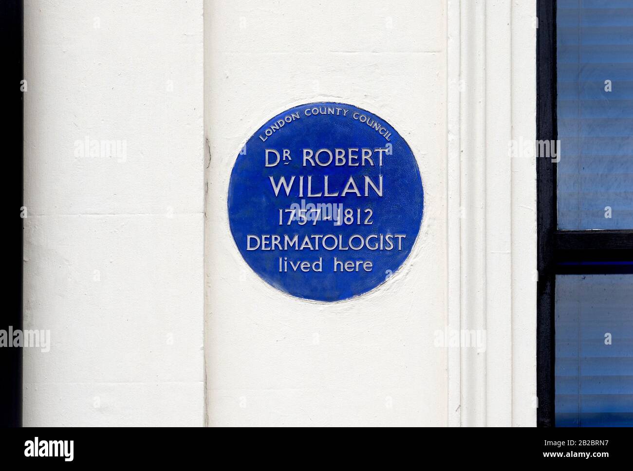London, England, UK. Commemorative Blue Plaque at 10 Bloomsbury Square, Camden, WC1. 'Dr Robert Willan (1757-1812), Dermatologist, lived here' Stock Photo