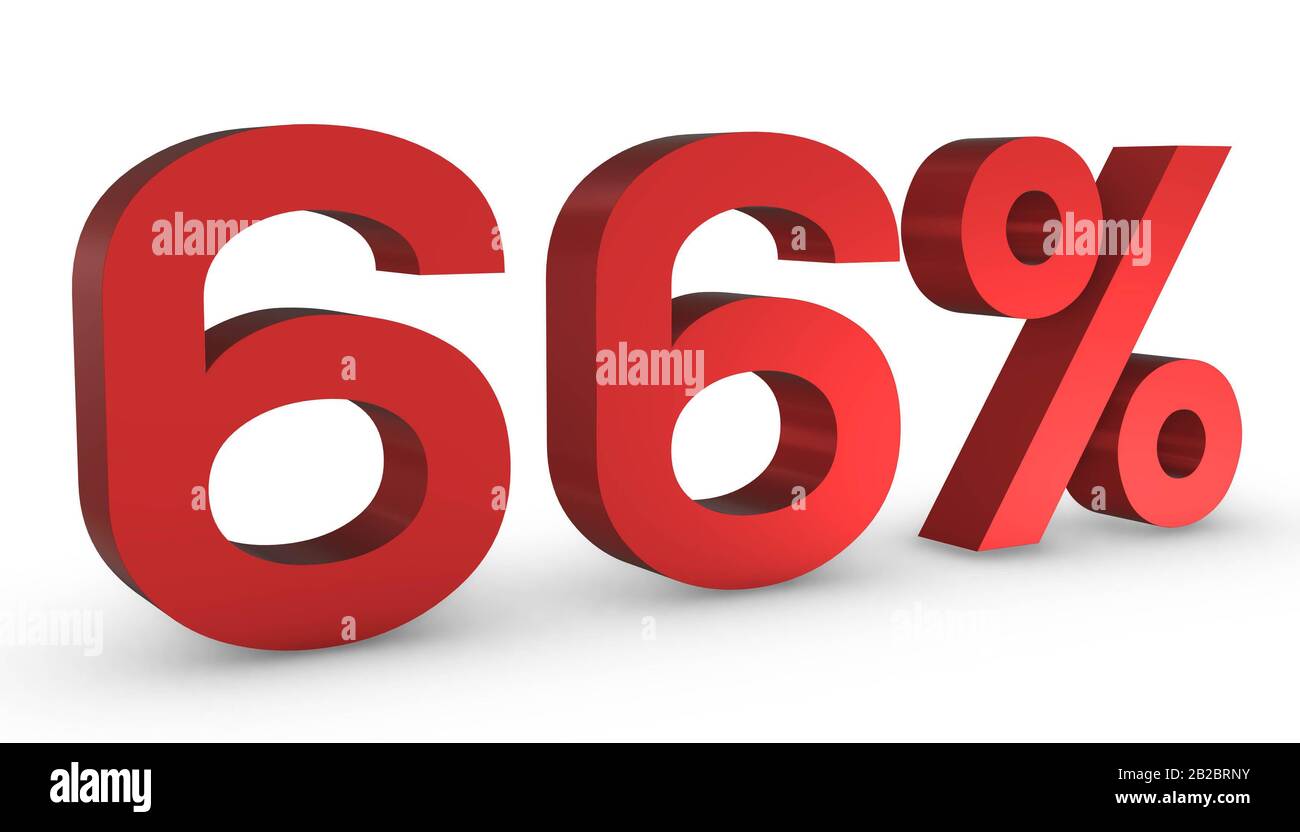 3D Shiny Red Number Sixty Six Percent 66 Isolated on White Background