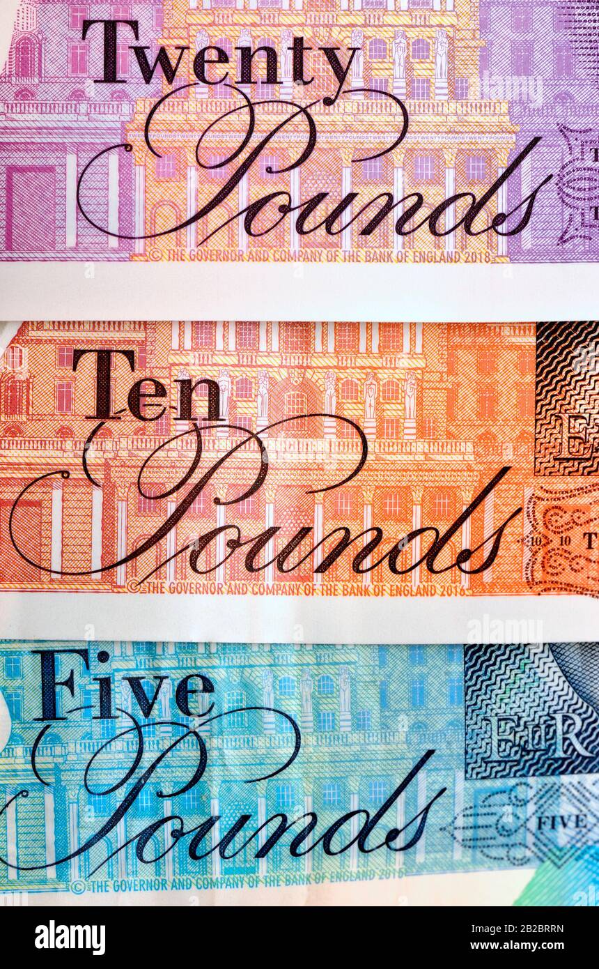 New British polymer £5, £10 and £20 banknote Stock Photo