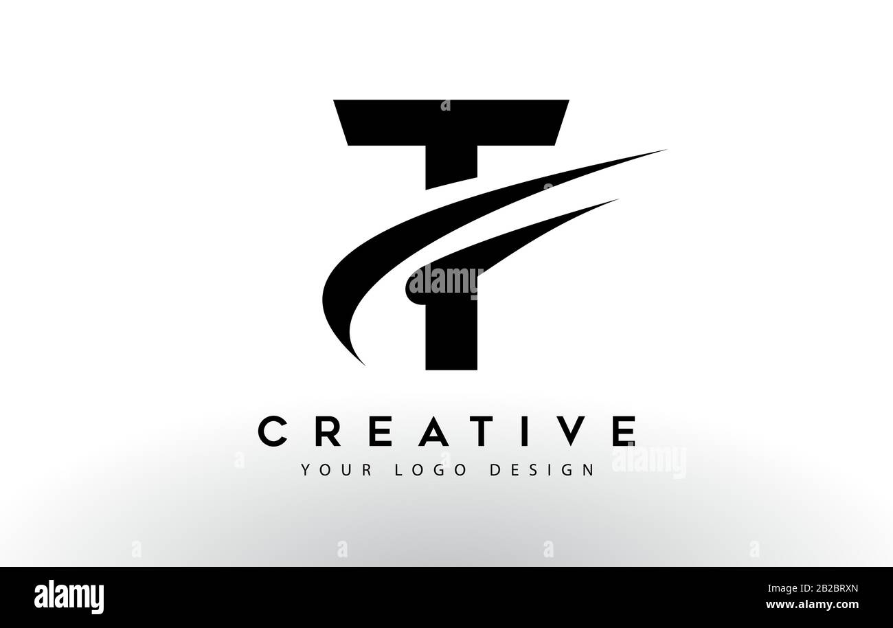 Creative T Letter Logo Design with Swoosh Icon Vector Illustration