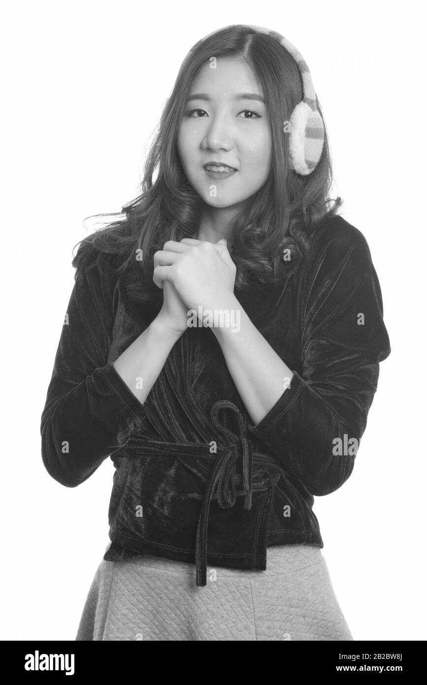 Portrait of young beautiful Asian woman in black and white Stock Photo