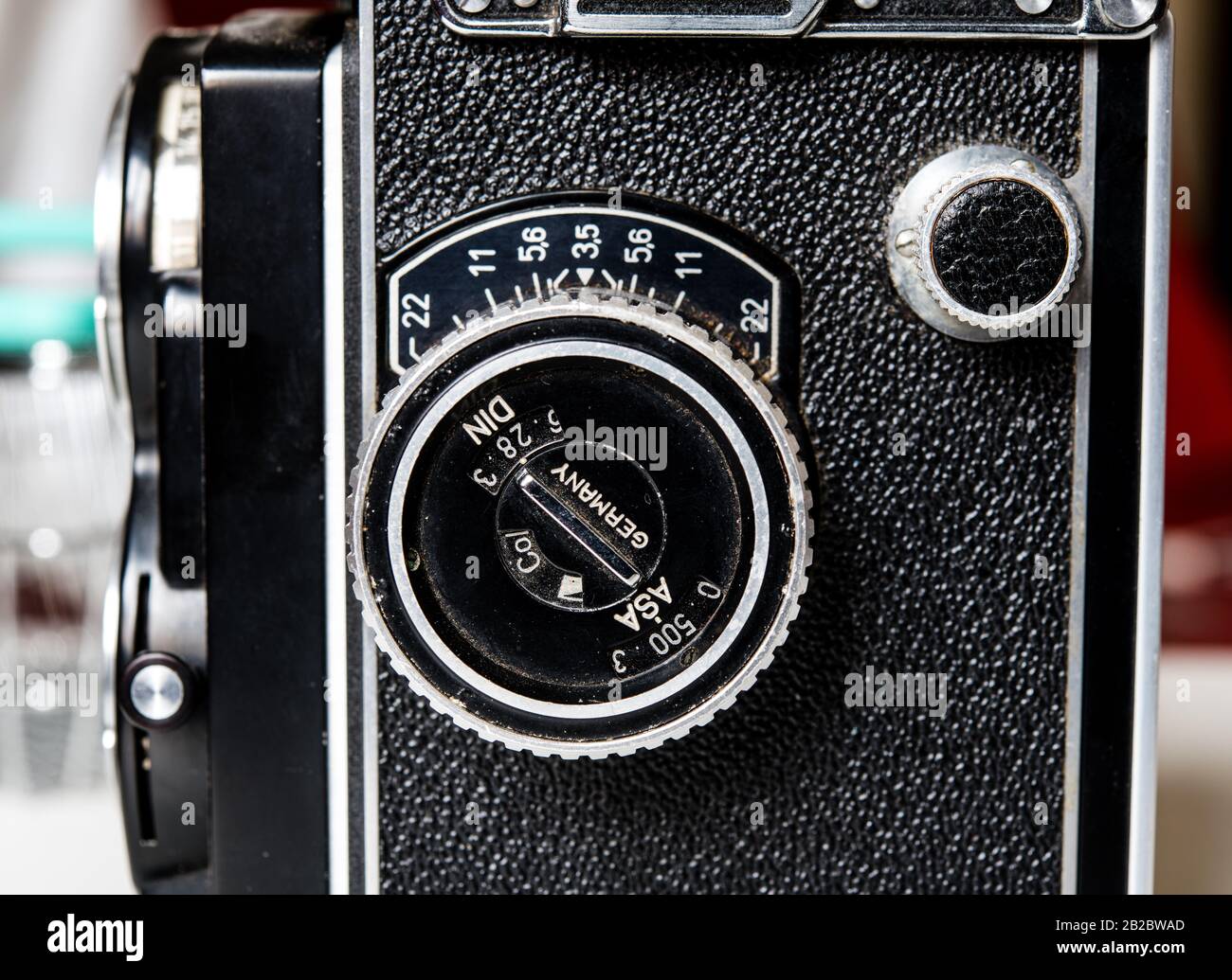 ROME, ITALY - march 2020. Aperture exposure wheel selector detail on vintage retro Rolleiflex photo camera side view Stock Photo