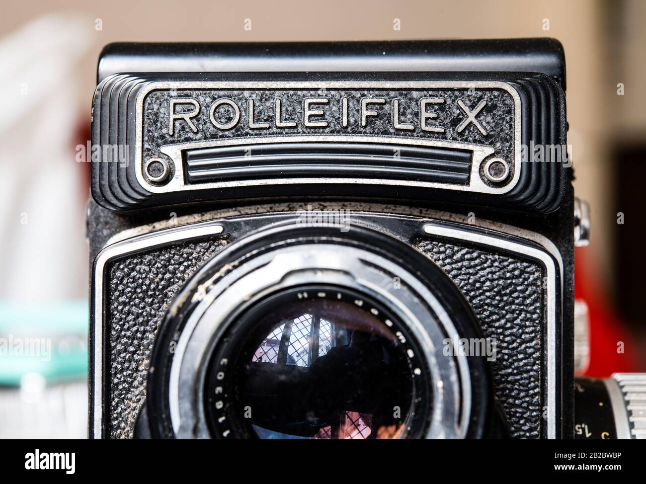 ROME, ITALY - march 2020. Vintage retro Rolleiflex photo camera front view lens and logo detail Stock Photo