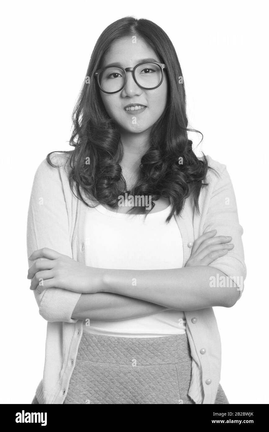 Portrait of young beautiful Asian woman in black and white Stock Photo ...
