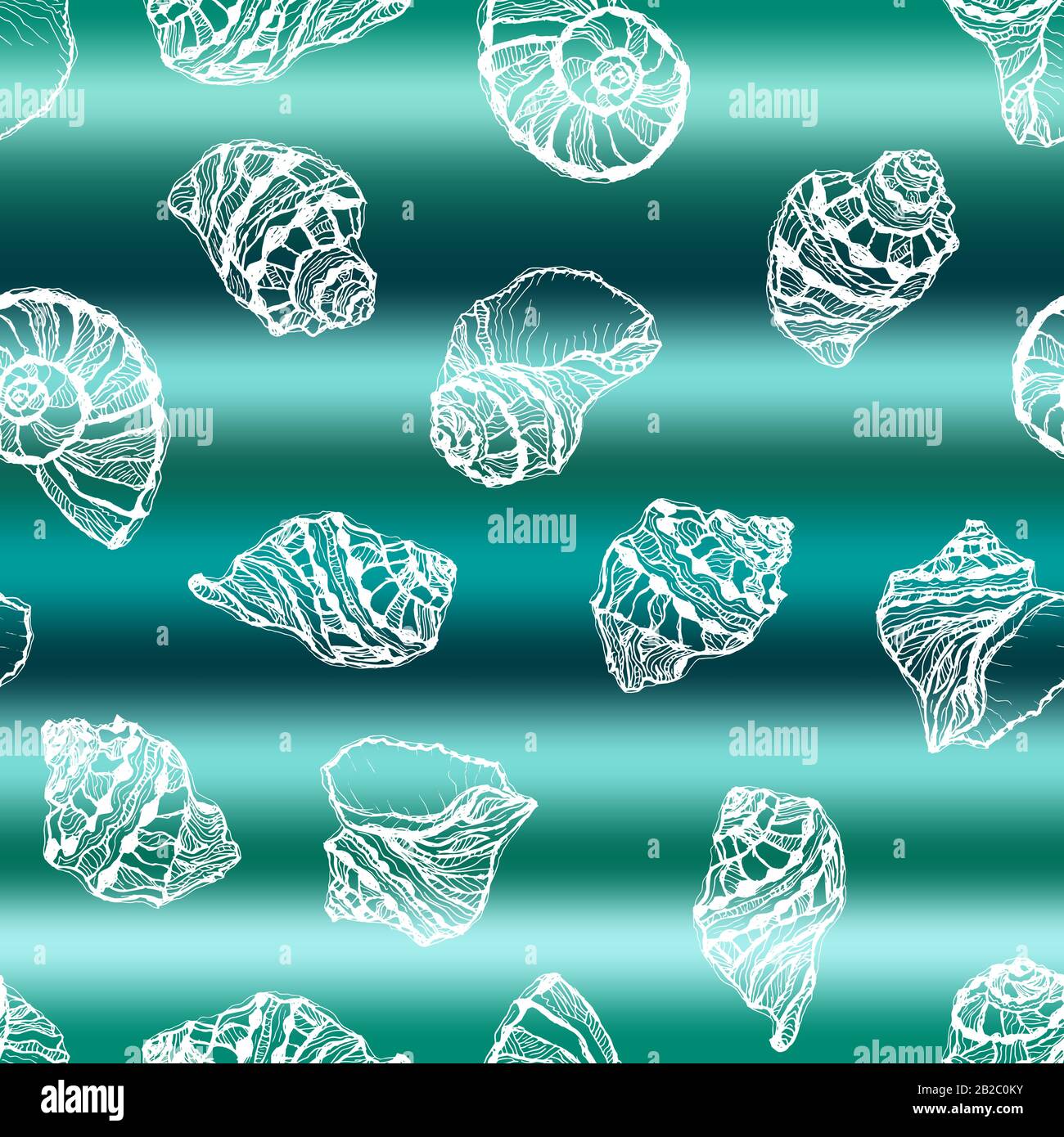 Vector illustration of marine seamless pattern.White hand drawing sea shells on abstract sea wave background Stock Vector