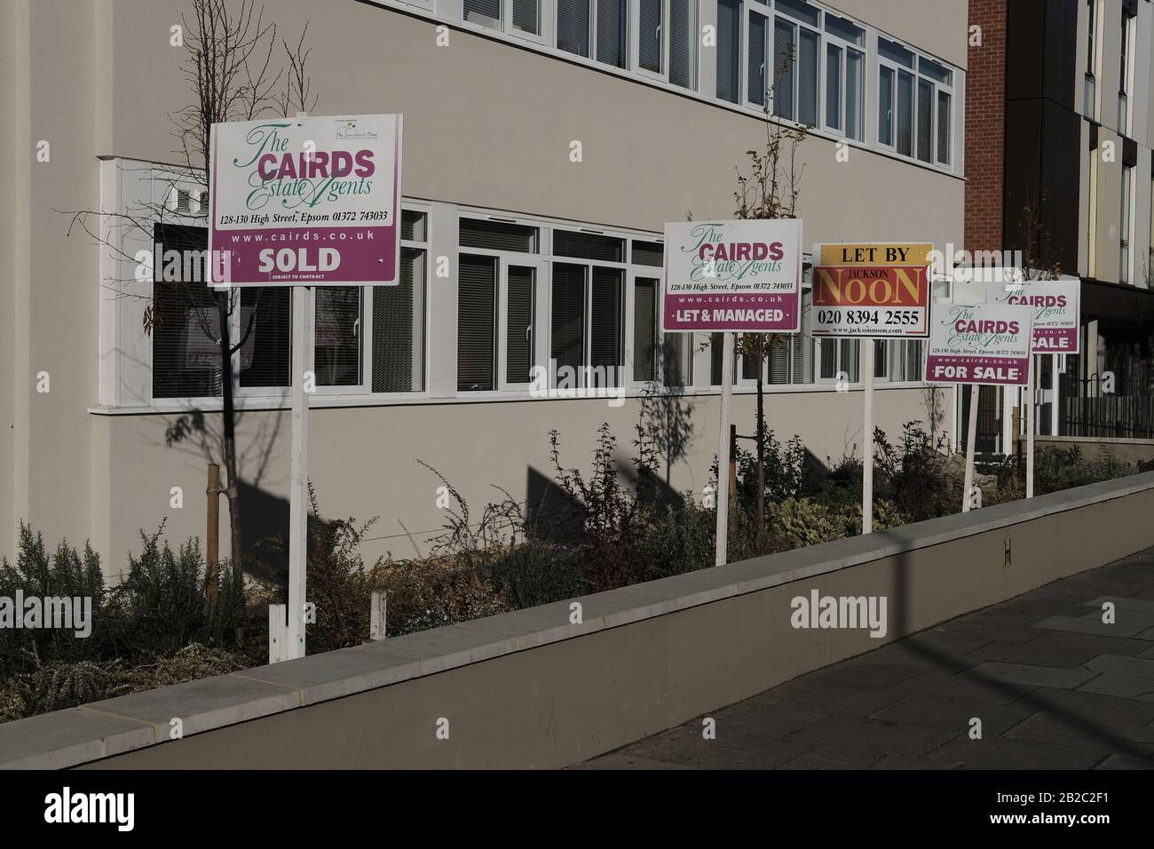 Propertry prices- for sale, sold and to let signs ,Epsom,Lonondon Stock Photo