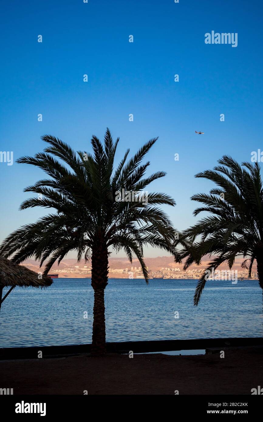 Aqaba, Jordan, city beach shadows. Palm silhouettes. Sunrise landscape of Egypt and Israel, winter clear sky. Red Sea gulf, Hashemite Kingdom of Jordan. Flying passenger jet in the sky Stock Photo