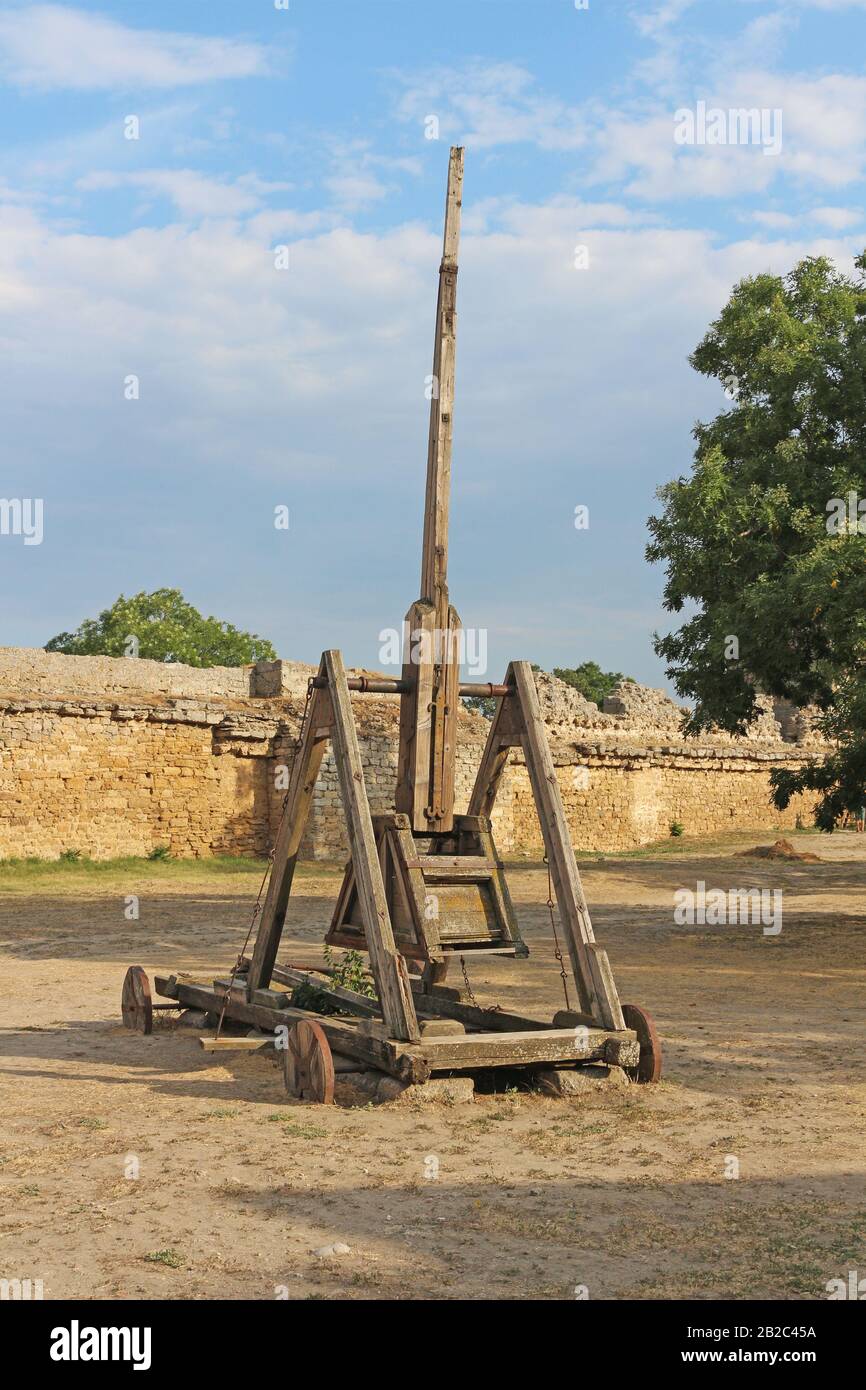 Trebuchet. Ancient wooden catapult for destroying the castle walls Stock Photo