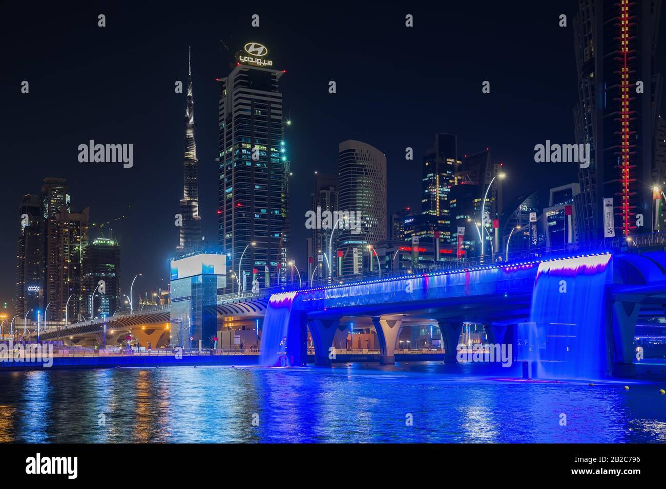 DUBAI, UAE NOVEMBER 29, 2017 Colorful illuminated Waterfall. The