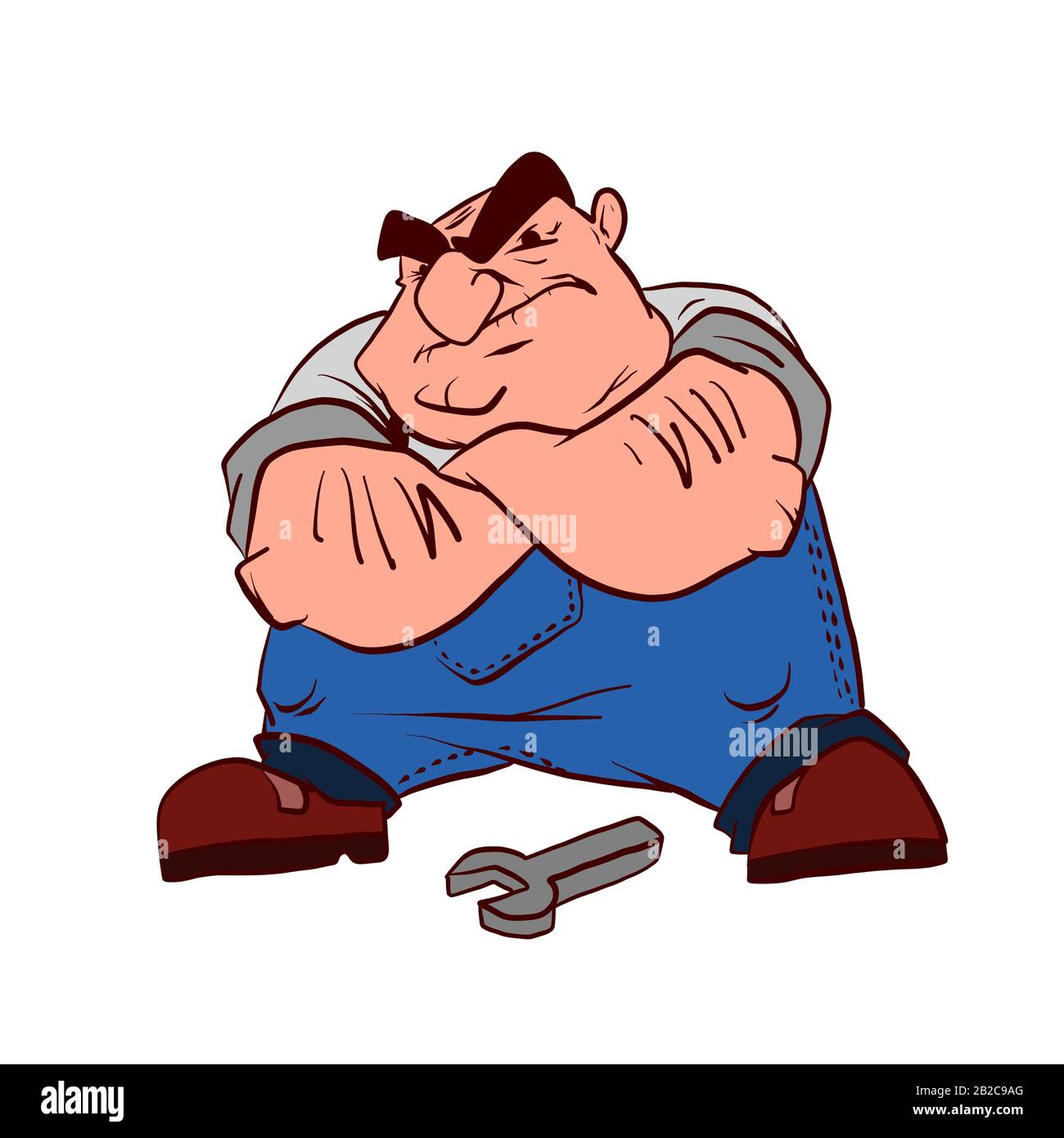 Colorful vector illustration of a cartoon grumpy plummer, technician or mechanic Stock Vector