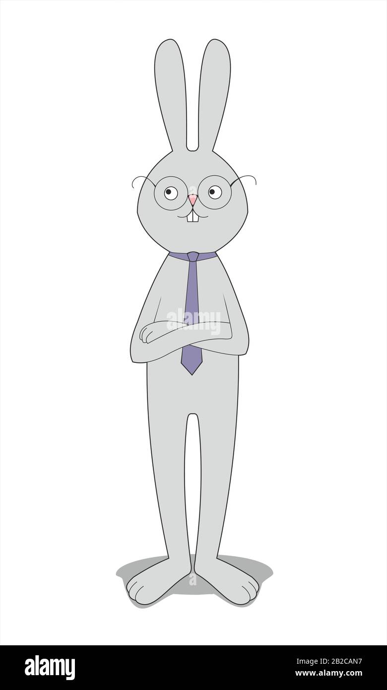 grey rabbit with glasses, tie, crossed forelegs, standing on white ...