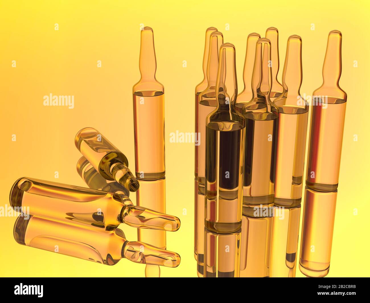 Glass ampoules. Scattered ampoules with medicine. Medical ampoules