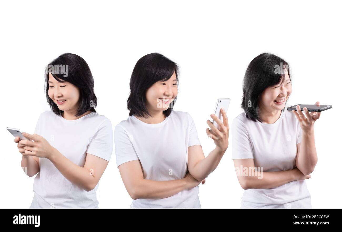 Collage of Asian middle-aged woman using mobile phone device for social activity including talking phone, social networking, reading content, shopping Stock Photo