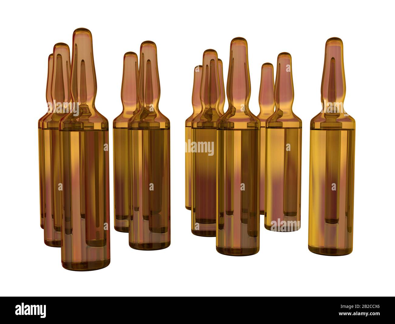 Glass ampoules isolated on white. Scattered ampoules with medicine