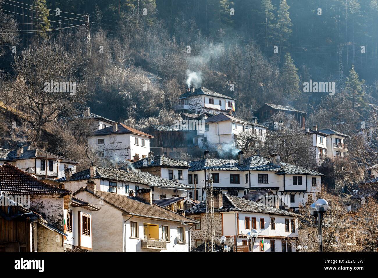 Shiroka Laka, Bulgaria - March 01, 2020: Old village houses in Rodopa mountain. Village Shiroka laka, Bulgaria. Stock Photo