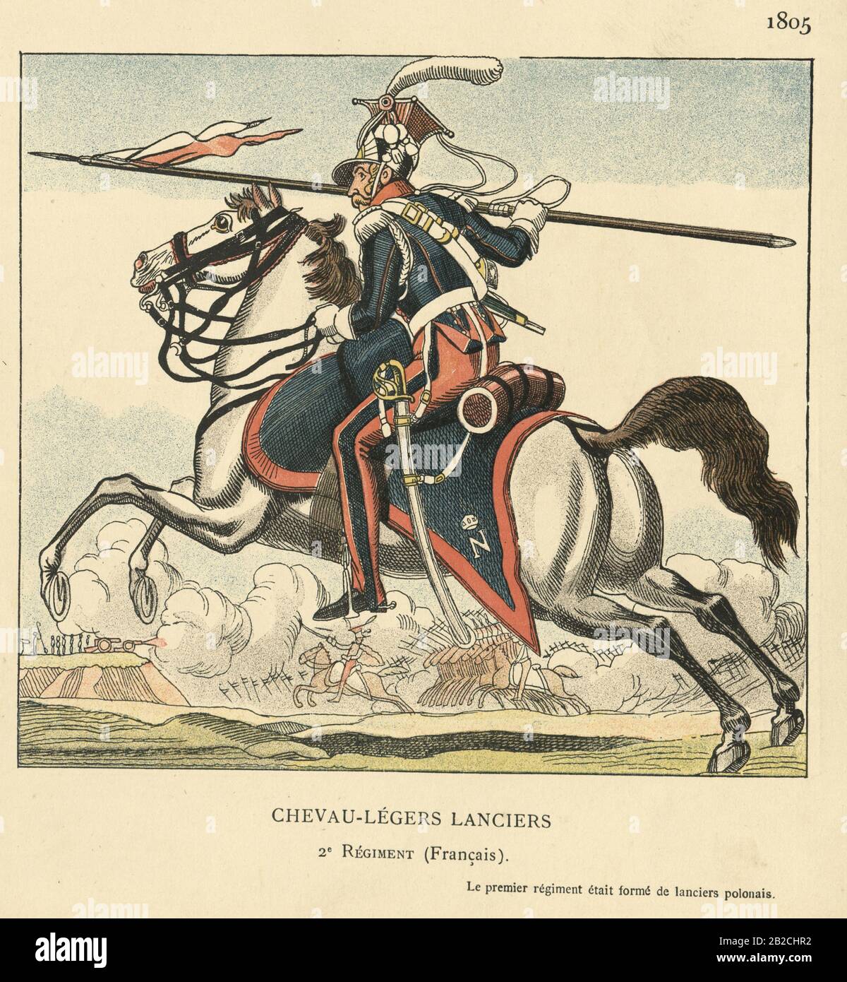 Vintage engraving of Grenadier of the French light cavalry, 2nd Regiment of Lancers (Chevau-légers lanciers, 2nd Regiment), Napoleonic Wars, early 19th Century Stock Photo
