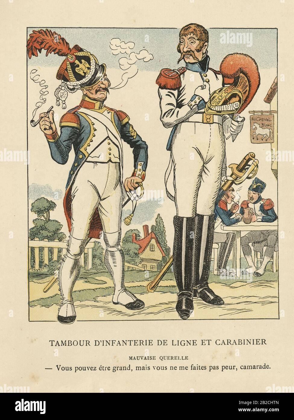 French soldiers line infantry of a rifleman(carabinier) (Tambour d'infanterie de ligne et carabinier), 1806 during the Napoleonic Wars Stock Photo