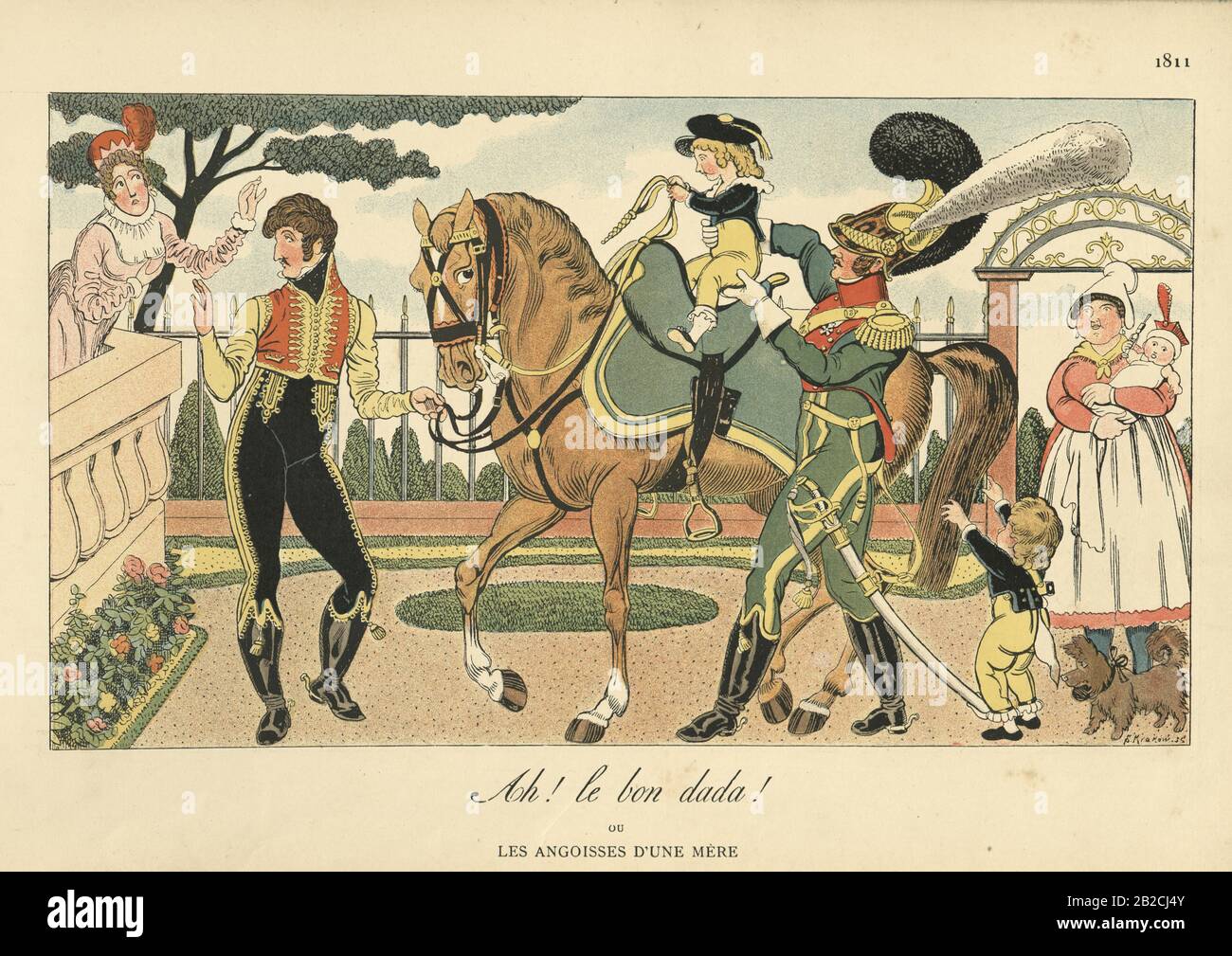 Soldier teaching his son to ride a horse with worried mother watching, 19th Century. Ah ! le bon dada ! ou les angoisses d'une mere, Ah! the good dada! or the anxieties of a mother Stock Photo