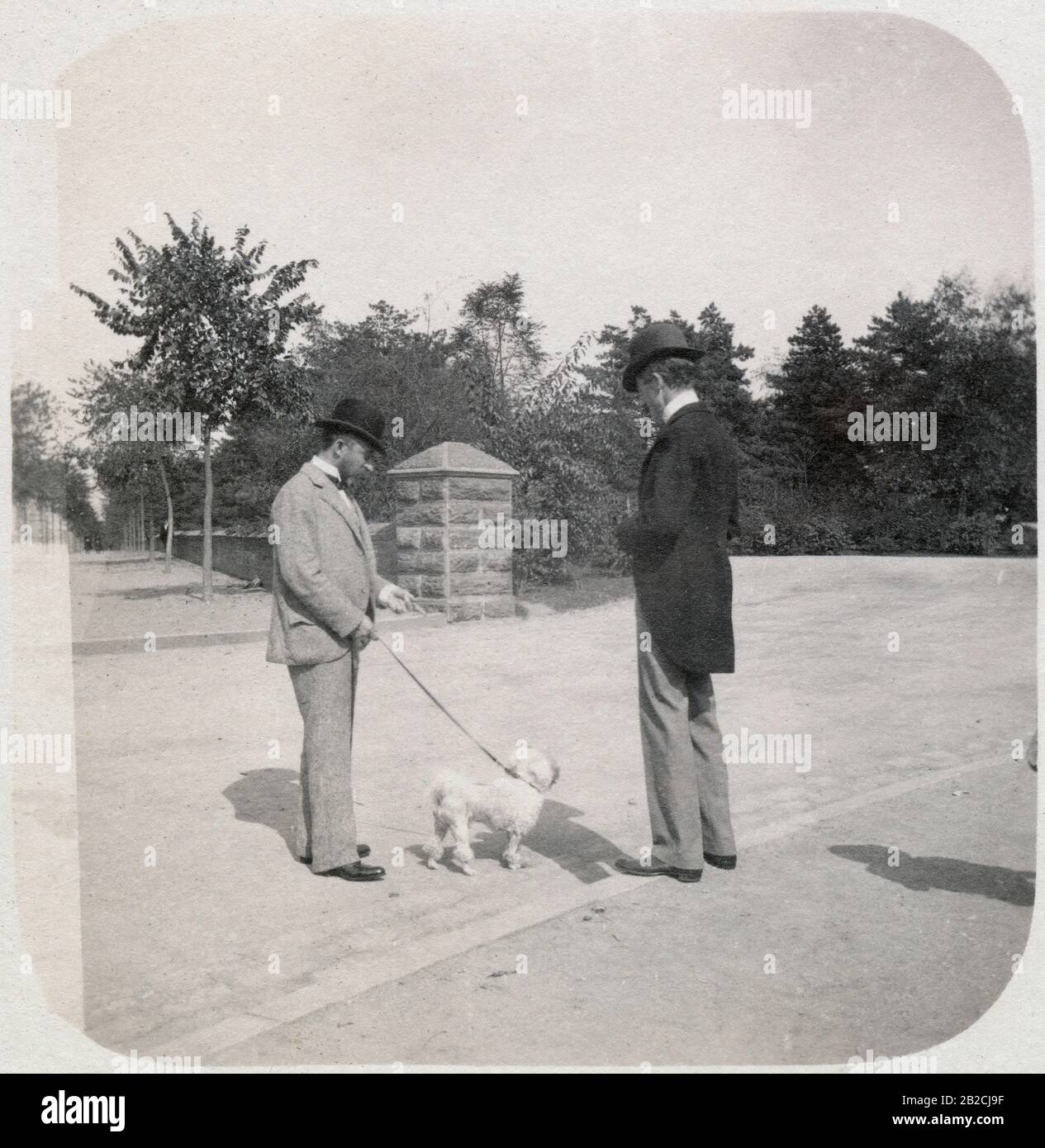 Antique 1898 photograph, two men talking and walking dog in Central Park, New York City, New York. SOURCE: ORIGINAL PHOTOGRAPH Stock Photo