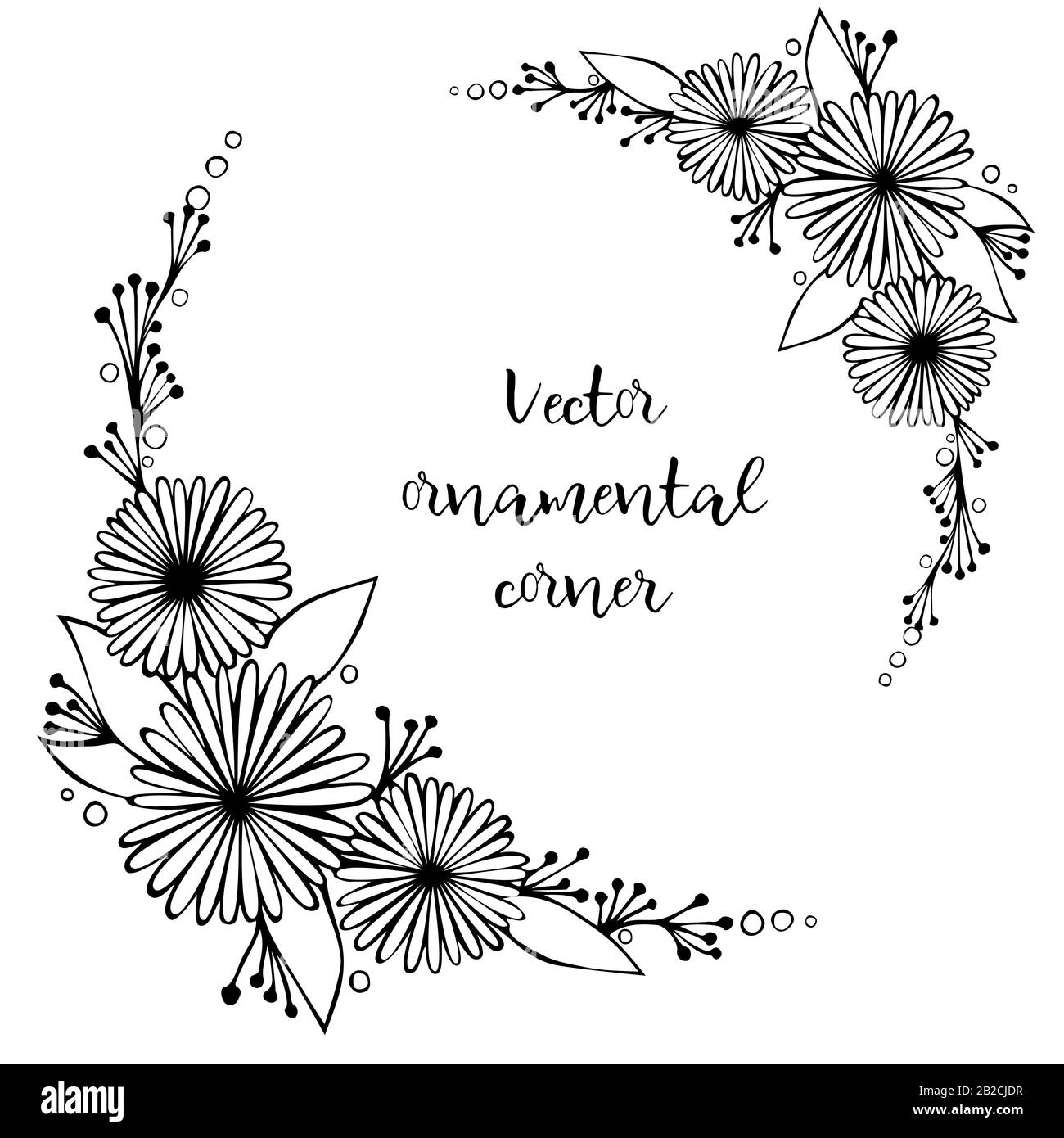 Set Of Black And White Hand Drawn Corner Floral Borders Design For