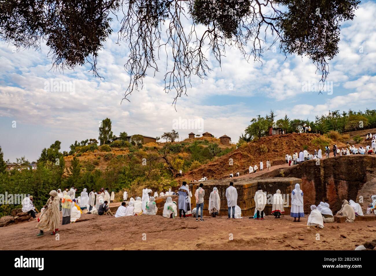 Morning mass, religious service, at Saint George stone church, one of eleven rock-hewn monolithic churches in Lalibela, a city in the Amhara Region Stock Photo