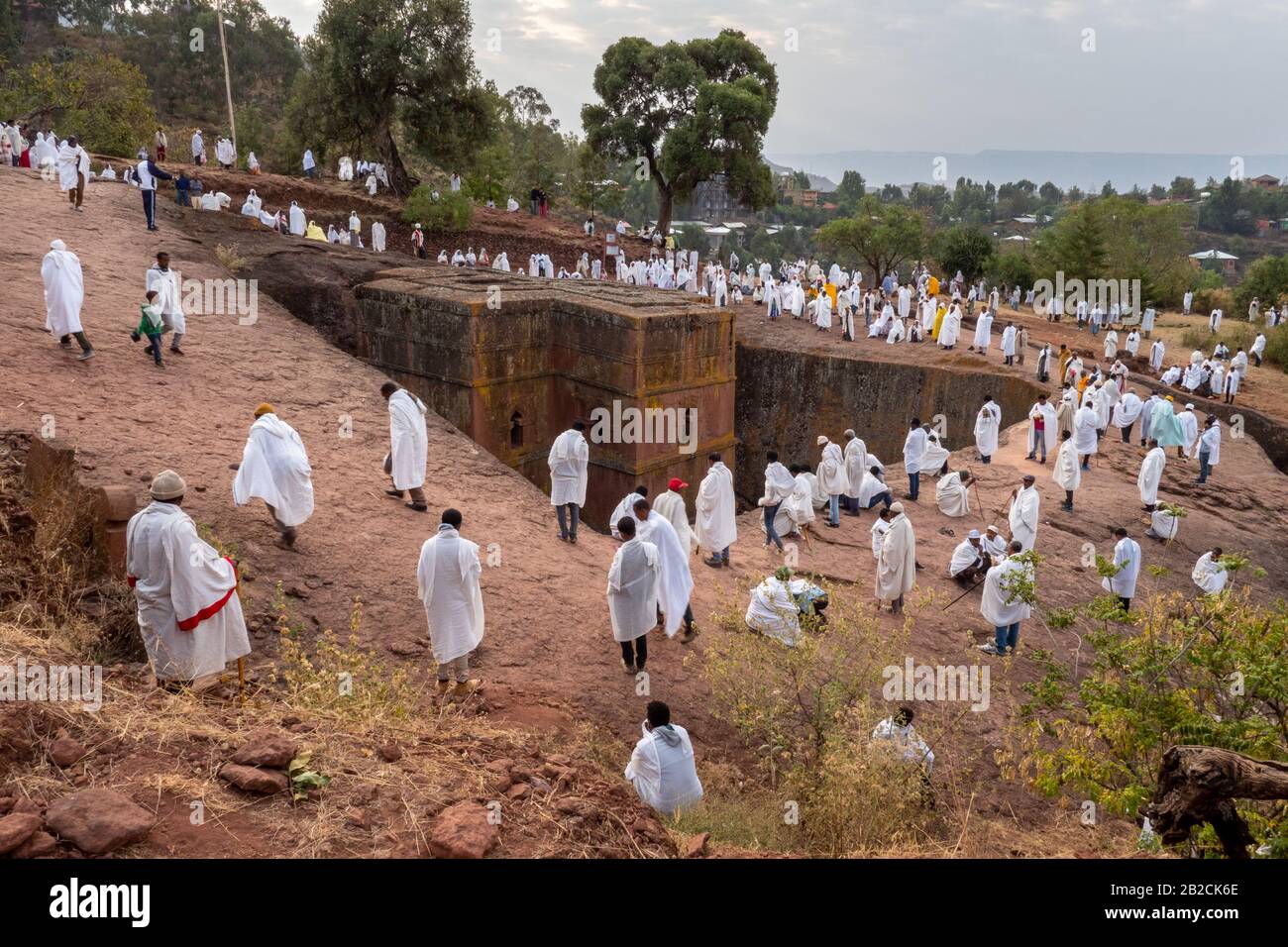 Morning mass, religious service, at Saint George stone church, one of eleven rock-hewn monolithic churches in Lalibela, a city in the Amhara Region of Stock Photo