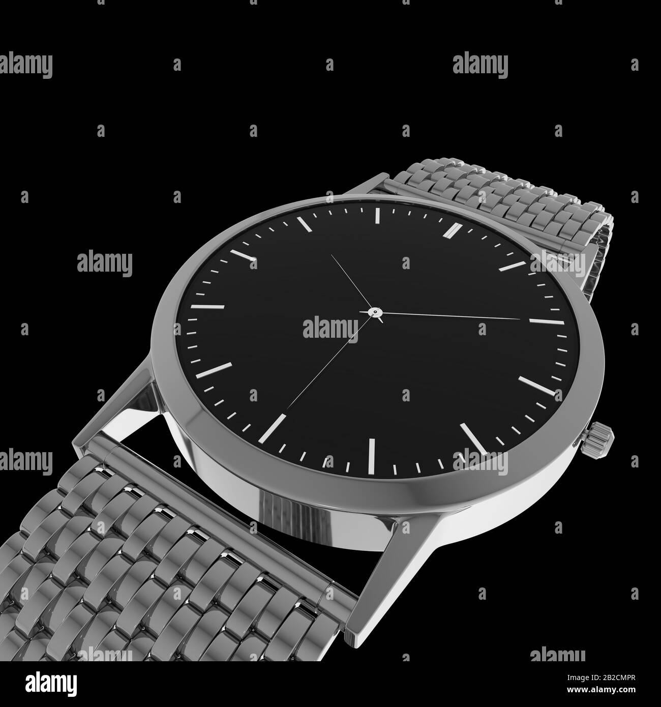 Full metal watch 3D Render showing crown and time pointing hands Stock Photo