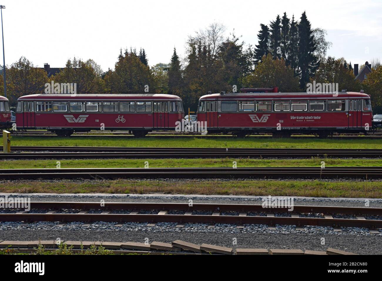 Vintage Deutsche Bahn railcars parked in a siding at Bremervorde, Germany. October 2019Bremervorde, Germany Stock Photo
