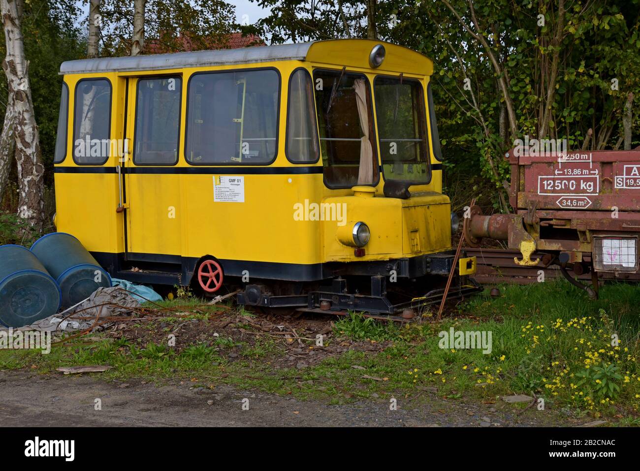 An unusual railway track maintenance personnel vehicle in the depot sidings at Bremervorde, Germany Stock Photo