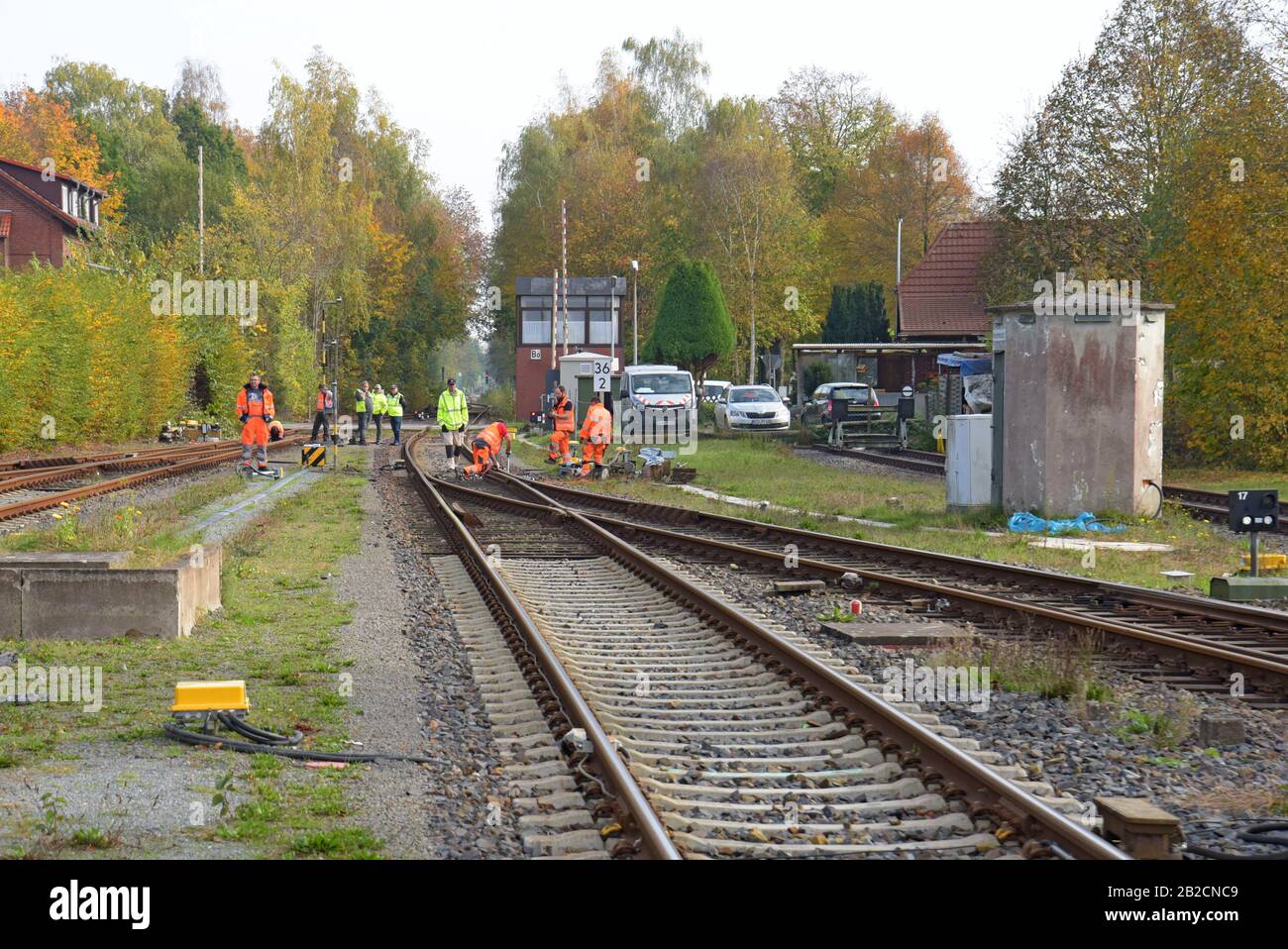 Railway permanent way workers on the track during maintenance work at Bremervorde, Germany Stock Photo