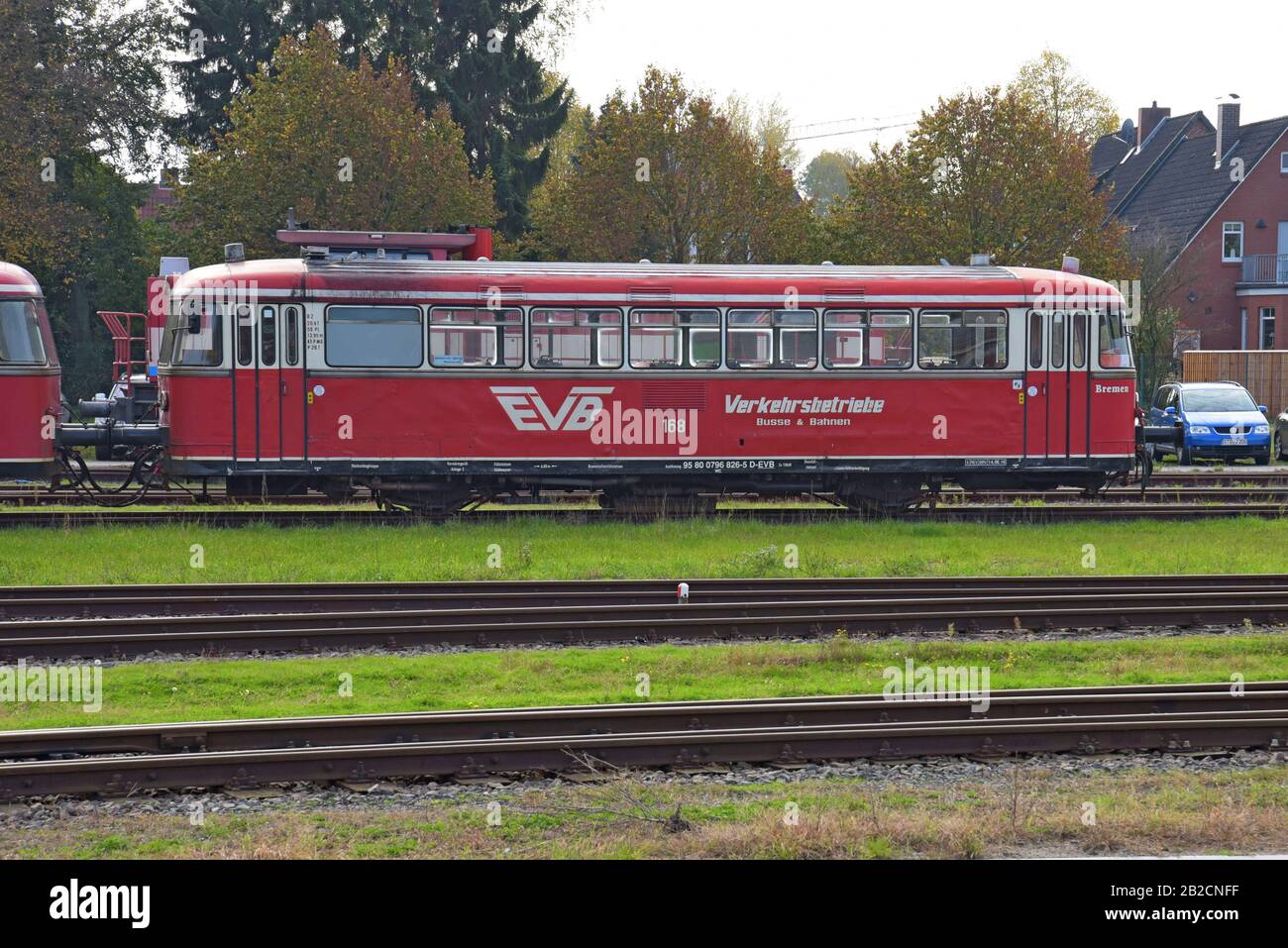 A vintage Deutsche Bahn railcar in a siding at Bremervorde, Germany. October 2019 Stock Photo