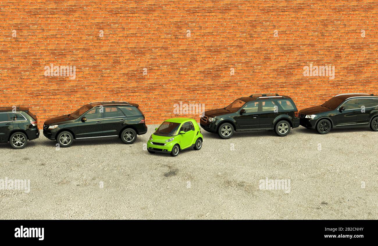 3D rendering of a conceptual image of the flexibility and eco friendliness of a city car against SUV Stock Photo