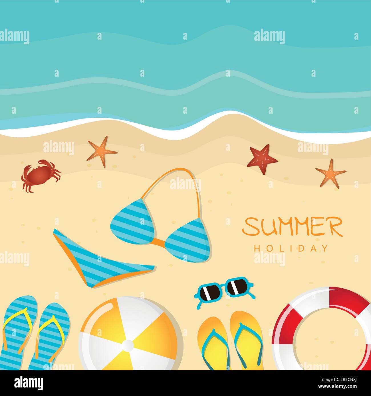 different beach utensils summer holiday background with flip flops sunglasses bikini crab and starfish vector illustration EPS10 Stock Vector