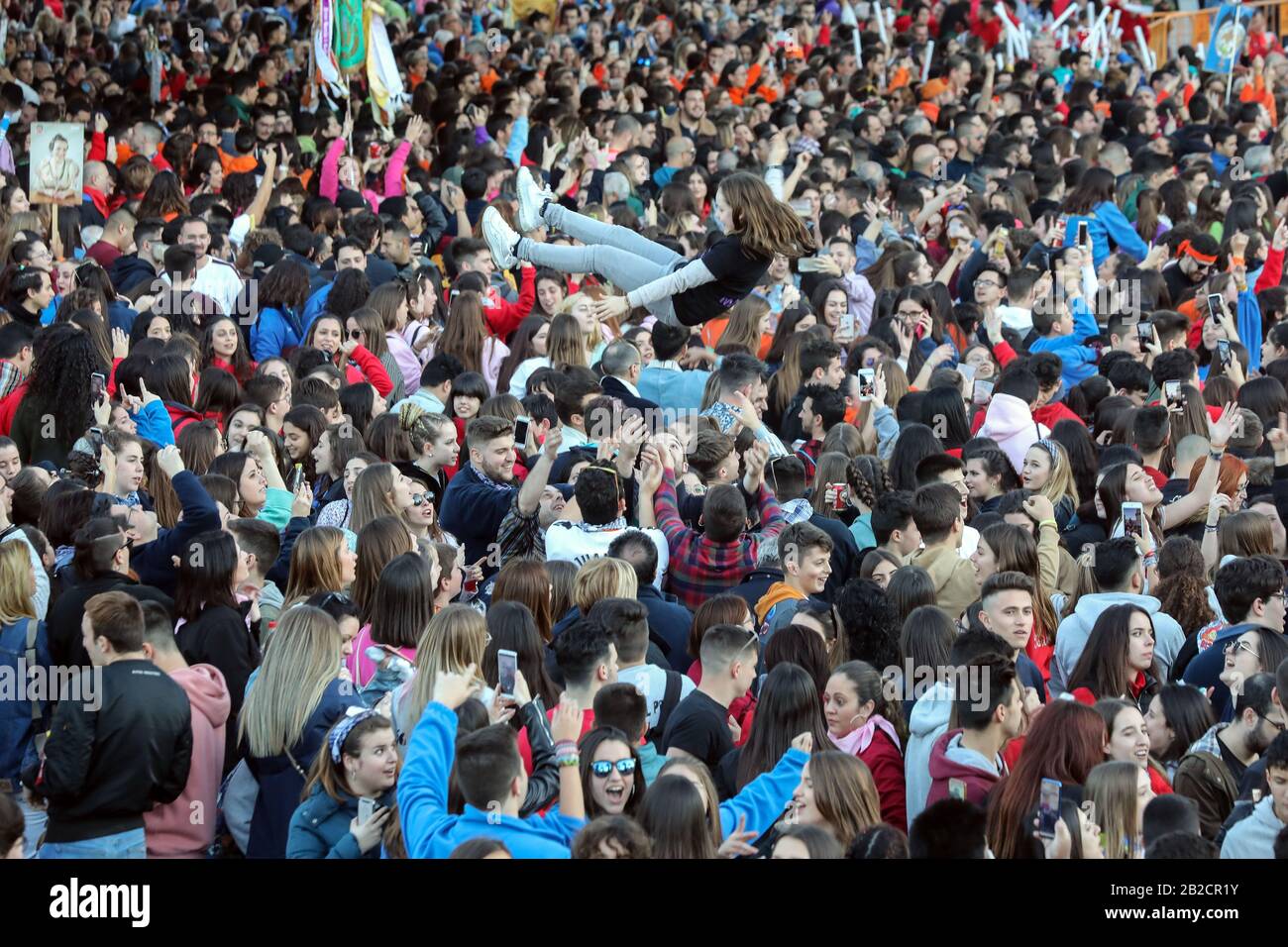 People enjoy during the celebration of the 'Crida' in Valencia, Spain, 1 March 2020. Stock Photo