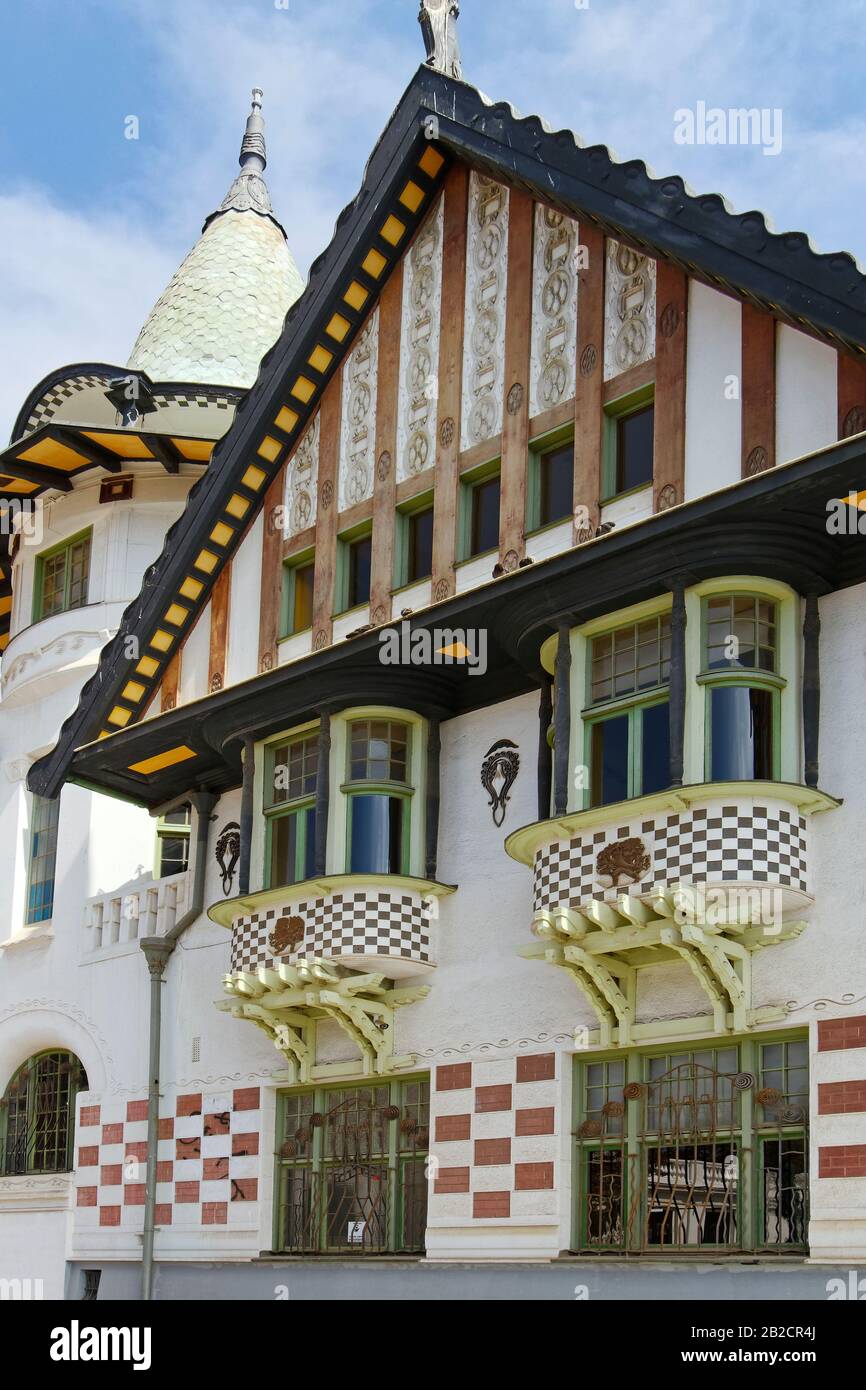 ornate old building, bow windows, checkered designs, unique, UNESCO, Valparaiso; Chile; South America; summer Stock Photo