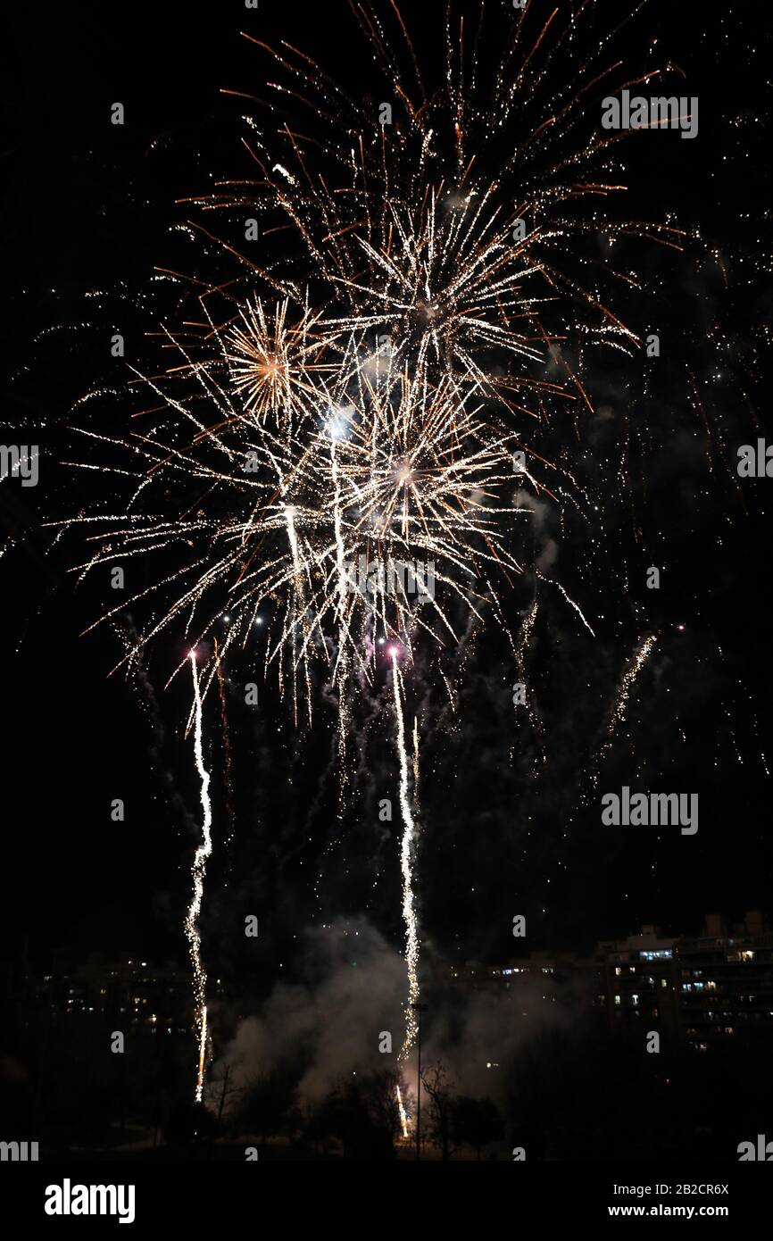Fireworks during the celebration of the 'Crida' in Valencia, Spain, 1 March 2020. Stock Photo
