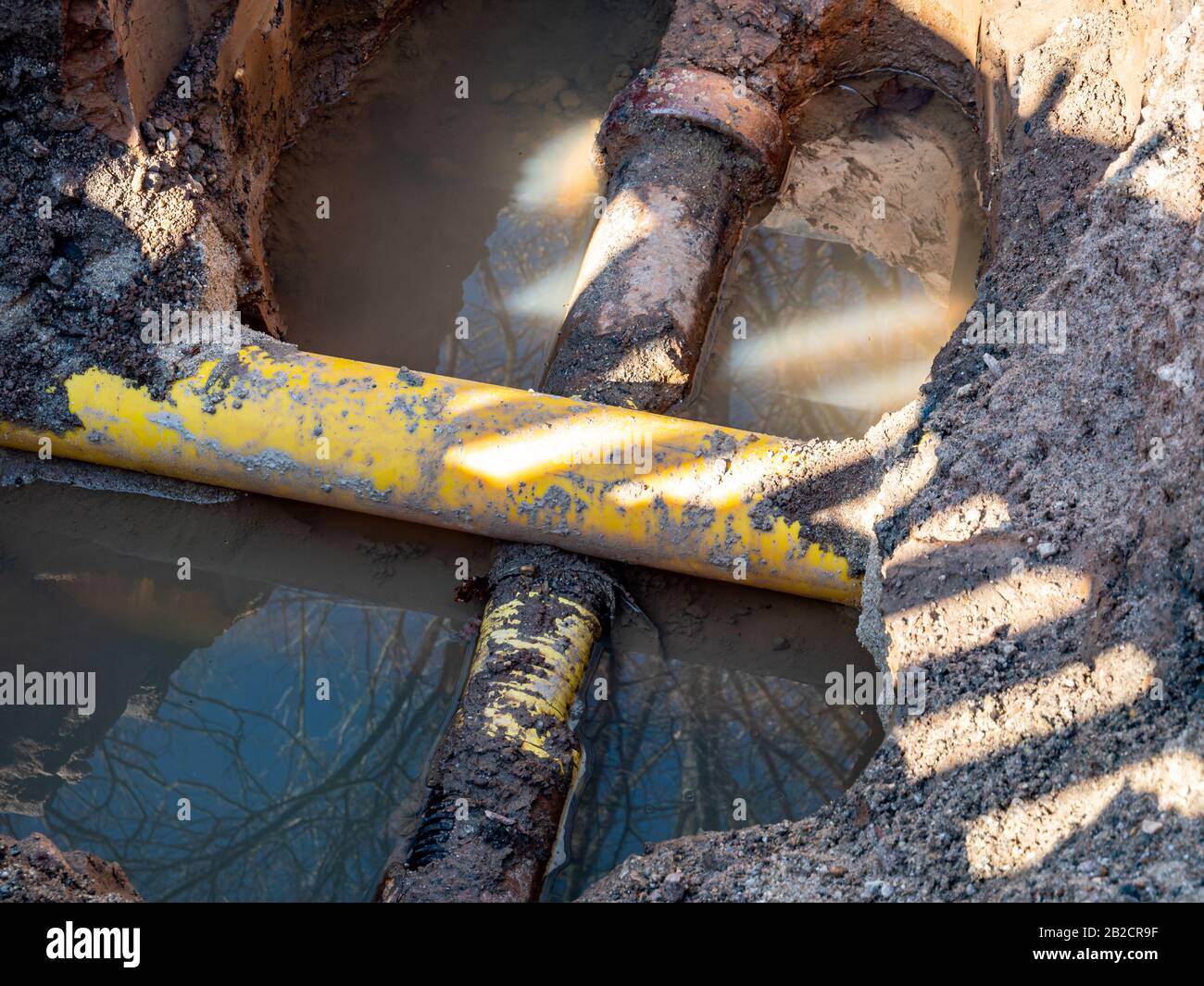 Construction site civil engineering water pipe break groundwater Stock