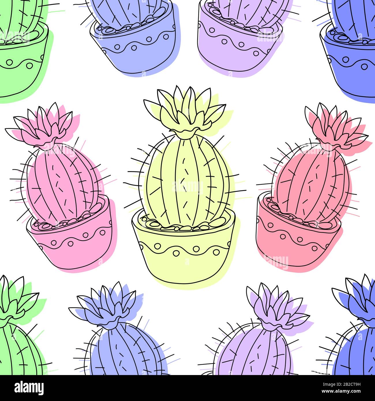 Seamless pattern with cactus and succulents in the pots. Hand drawn ...
