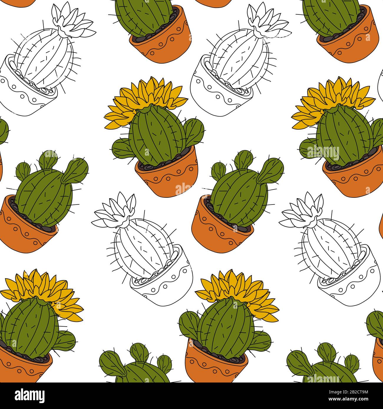 Seamless pattern with cactus and succulents in the pots. Hand drawn ...